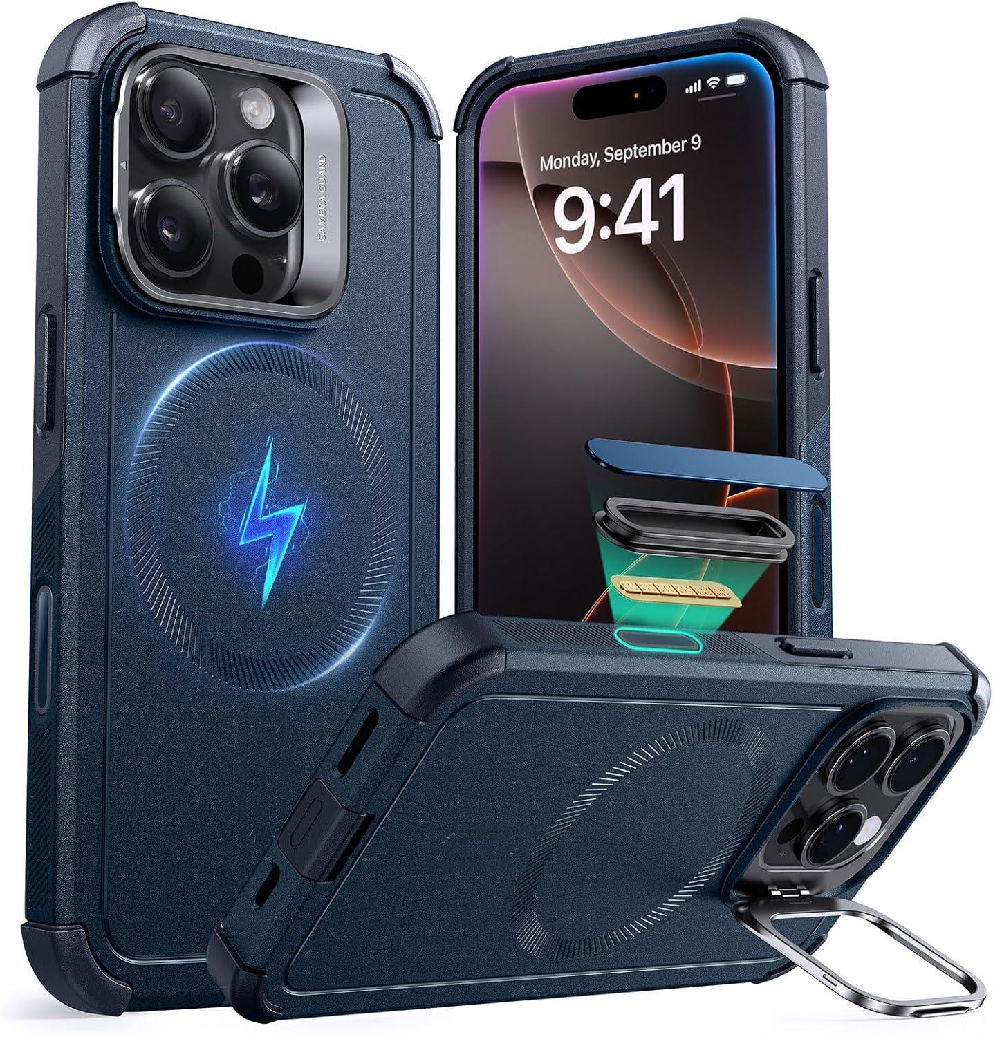 imageESR for iPhone 17 Pro Max Case with Stash Stand 7X MilitaryGrade Drop Protection with Camera Control ShockAbsorbing Phone Rugged Cover Compatible with MagSafe Accessories Cyber Series BlackACamera ControlNavy Blue