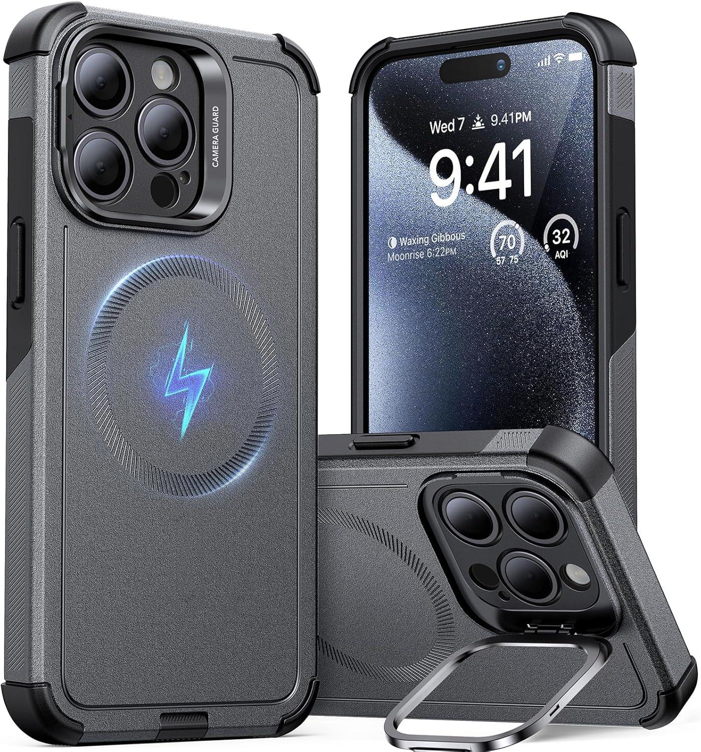 imageESR for iPhone 17 Pro Max Case with Stash Stand 7X MilitaryGrade Drop Protection with Camera Control ShockAbsorbing Phone Rugged Cover Compatible with MagSafe Accessories Cyber Series BlackMagnetic StandGrey