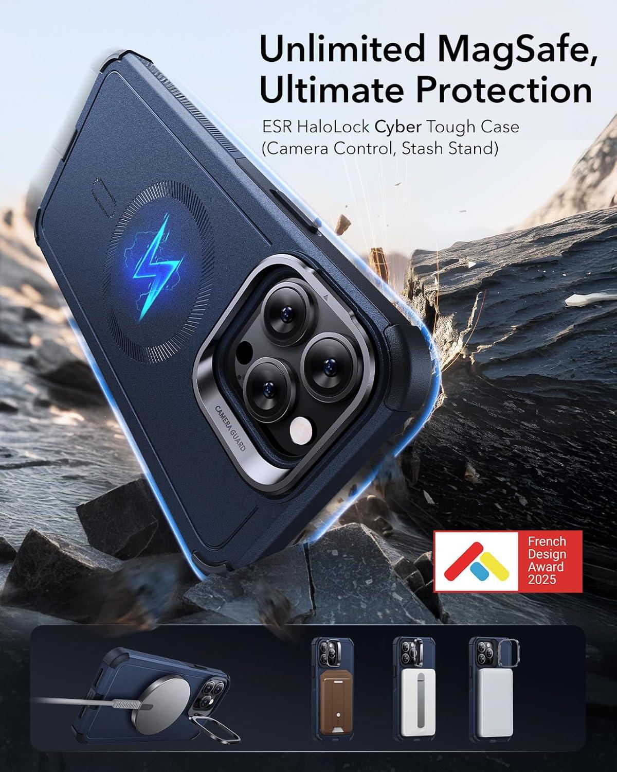 imageESR for iPhone 17 Pro Max Case with Stash Stand 7X MilitaryGrade Drop Protection with Camera Control ShockAbsorbing Phone Rugged Cover Compatible with MagSafe Accessories Cyber Series BlackMagnetic StandBlue