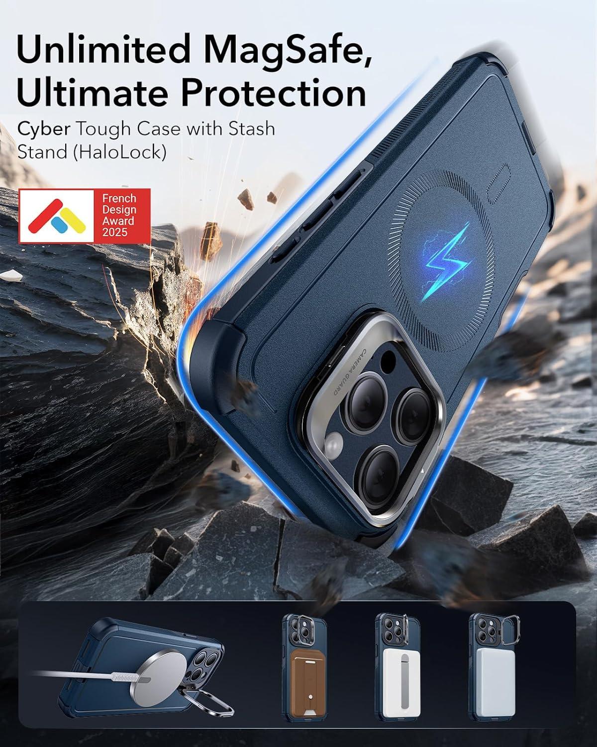 imageESR for iPhone 17 Pro Max Case with Stash Stand 7X MilitaryGrade Drop Protection with Camera Control ShockAbsorbing Phone Rugged Cover Compatible with MagSafe Accessories Cyber Series BlackMagnetic StandBlue