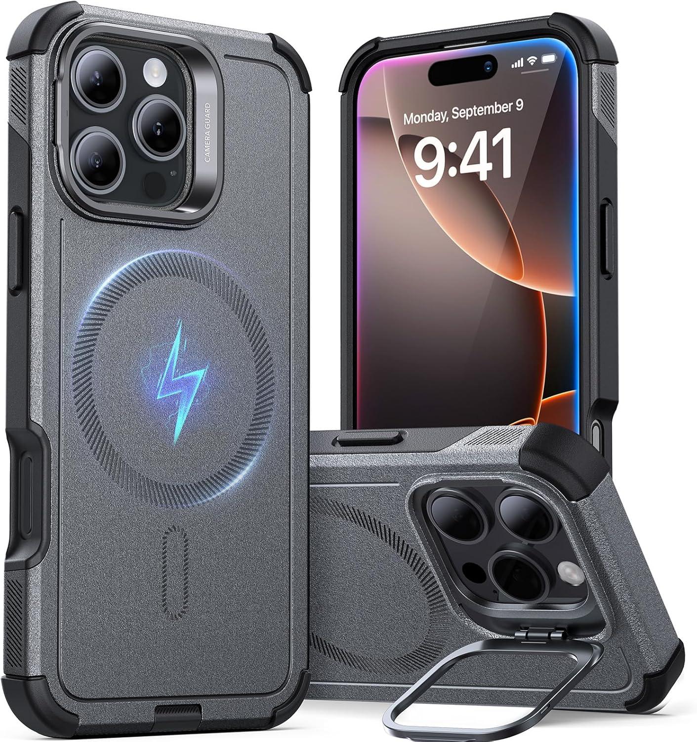 imageESR for iPhone 17 Pro Max Case with Stash Stand 7X MilitaryGrade Drop Protection with Camera Control ShockAbsorbing Phone Rugged Cover Compatible with MagSafe Accessories Cyber Series BlackMagnetic StandGrey
