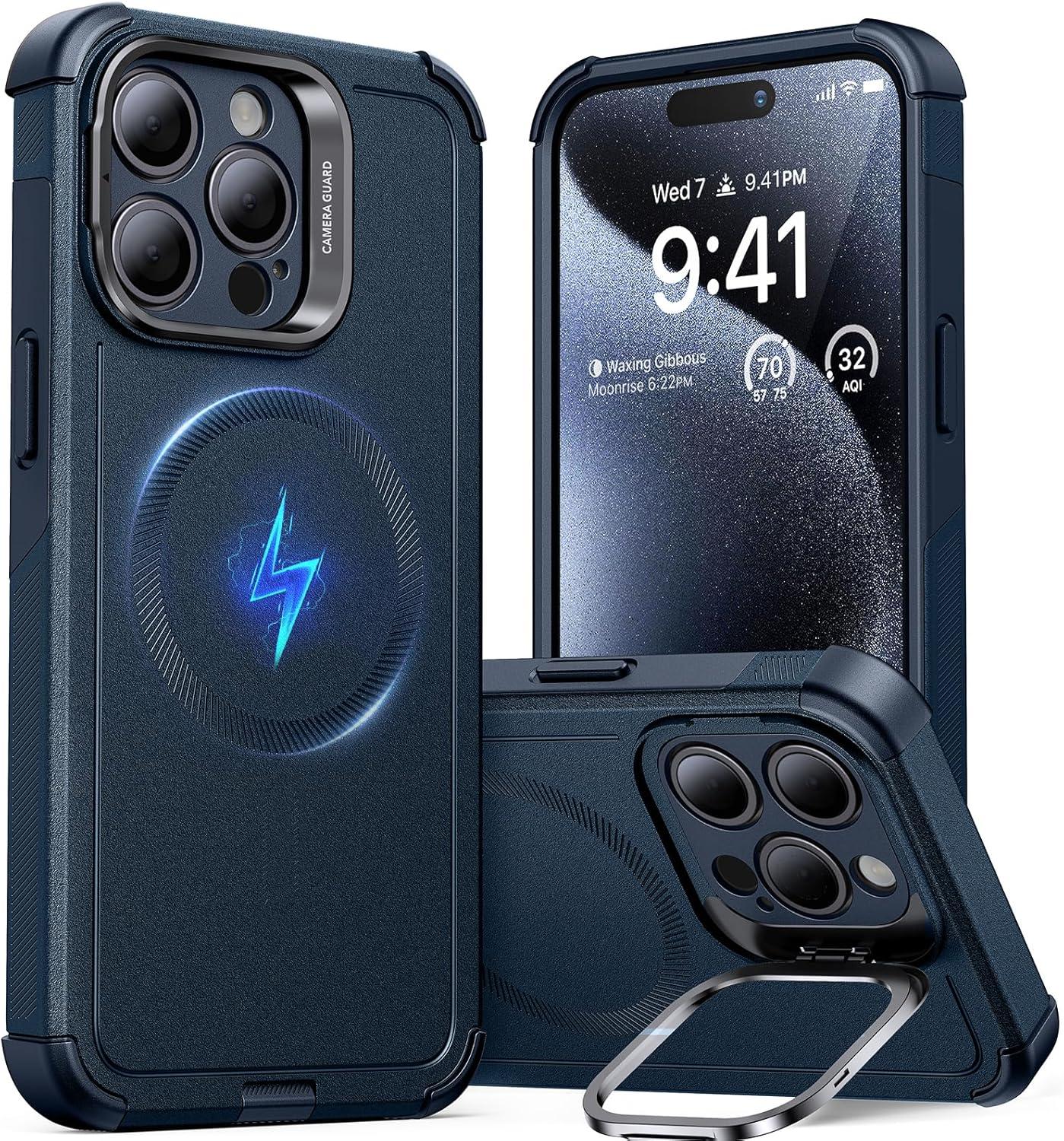 imageESR for iPhone 17 Pro Max Case with Stash Stand 7X MilitaryGrade Drop Protection with Camera Control ShockAbsorbing Phone Rugged Cover Compatible with MagSafe Accessories Cyber Series BlackMagnetic StandBlue