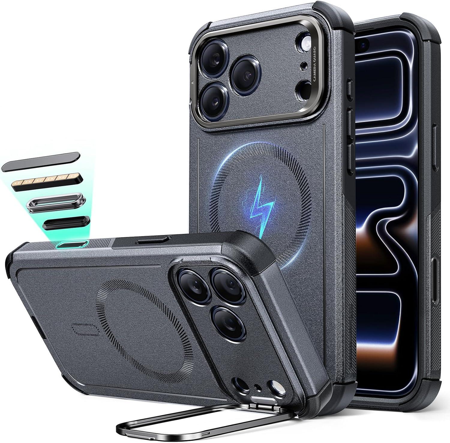 imageESR for iPhone 17 Pro Max Case with Stash Stand 7X MilitaryGrade Drop Protection with Camera Control ShockAbsorbing Phone Rugged Cover Compatible with MagSafe Accessories Cyber Series BlackACamera ControlGrey