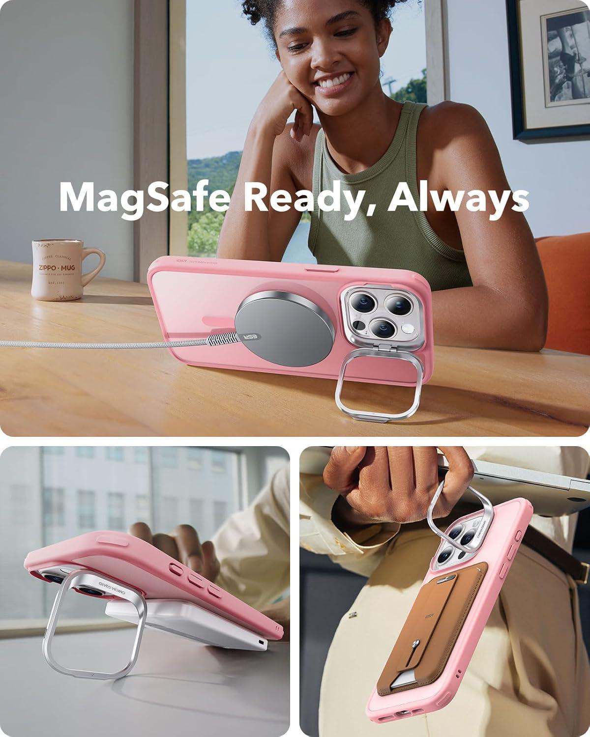 imageESR for iPhone 17 Pro Max Case with Stash Stand Camera Control Cover Compatible with MagSafe MilitaryGrade Drop Protection Magnetic Phone Case ScratchResistant Back CoverFrosted OrangeCFrosted Pink