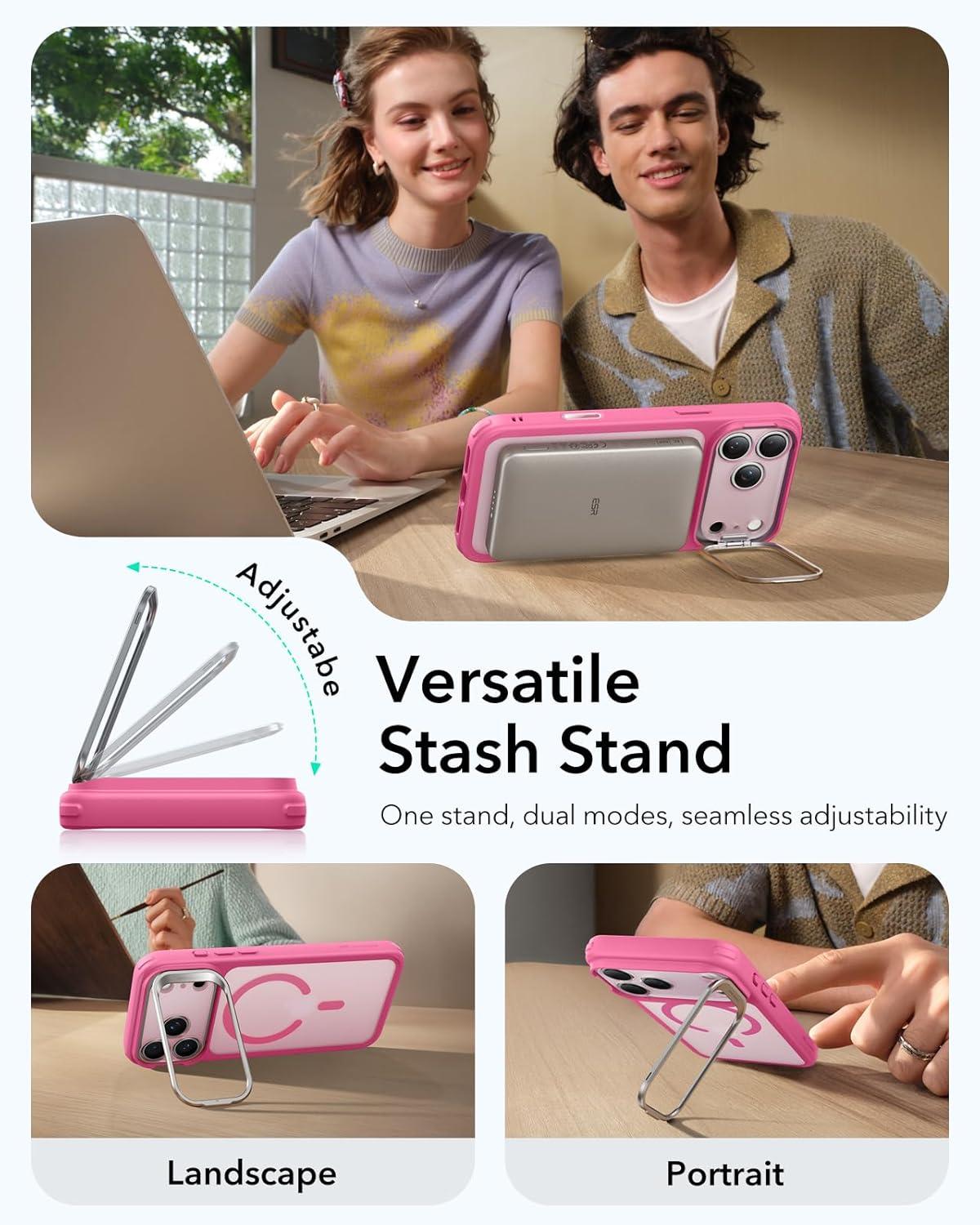 imageESR for iPhone 17 Pro Max Case with Stash Stand Camera Control Cover Compatible with MagSafe MilitaryGrade Drop Protection Magnetic Phone Case ScratchResistant Back CoverFrosted OrangeCFrosted Pink