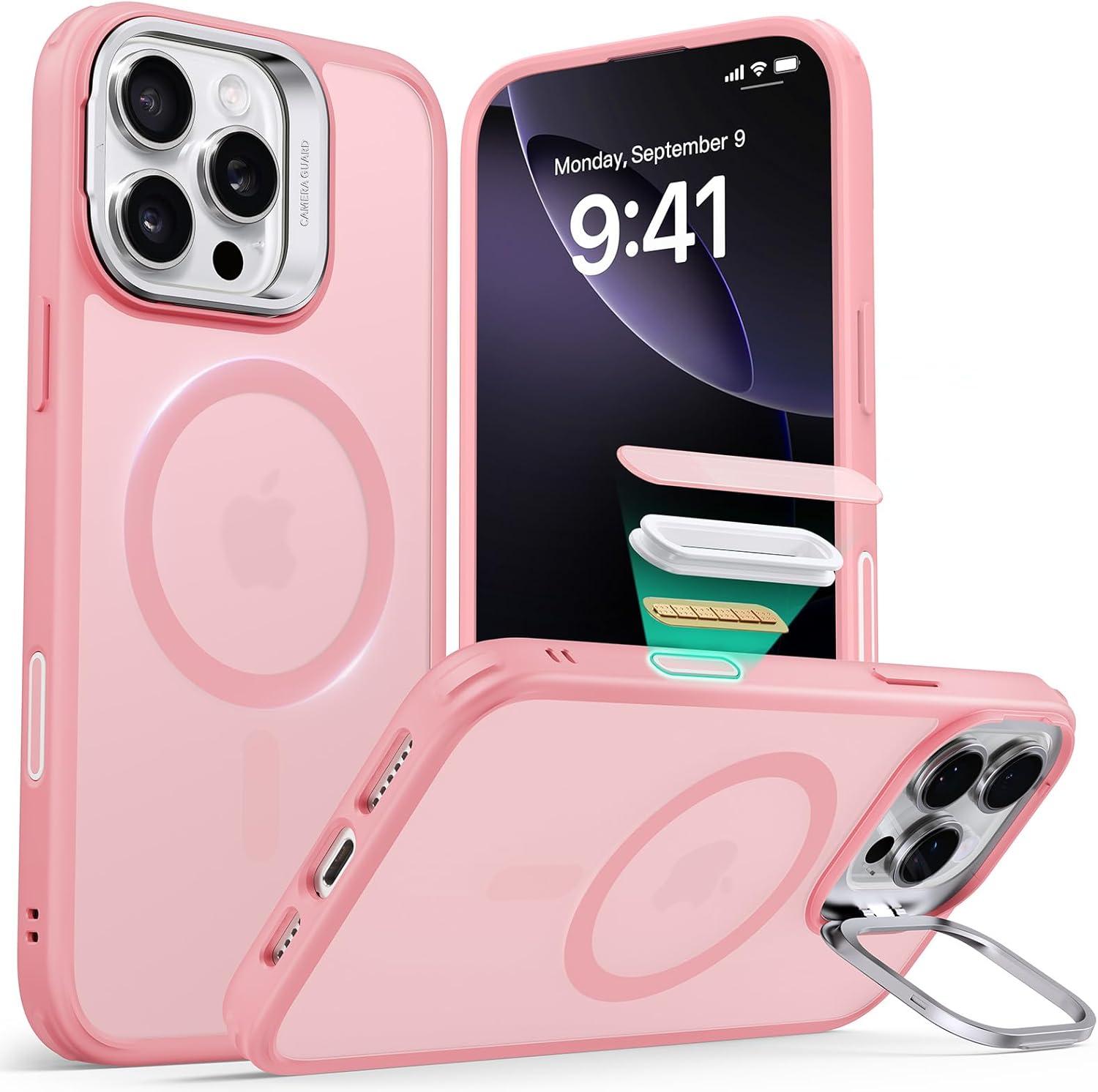 imageESR for iPhone 17 Pro Max Case with Stash Stand Camera Control Cover Compatible with MagSafe MilitaryGrade Drop Protection Magnetic Phone Case ScratchResistant Back CoverFrosted OrangeCFrosted Pink