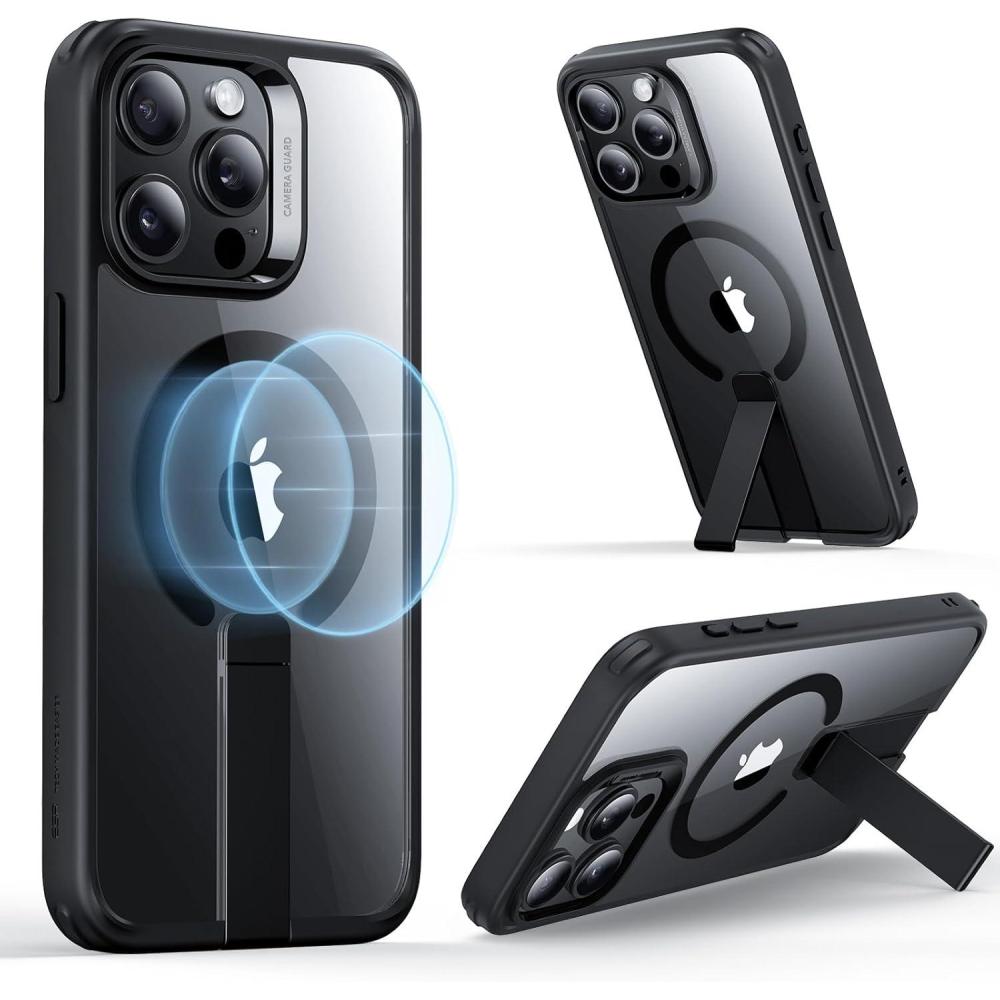 imageESR Patented Metal Kickstand Case Compatible with iPhone 13 Pro Max Two Ways to Tilt Reinforced Drop Protection Slim and Soft Case TransparentMagsafe Clear Black