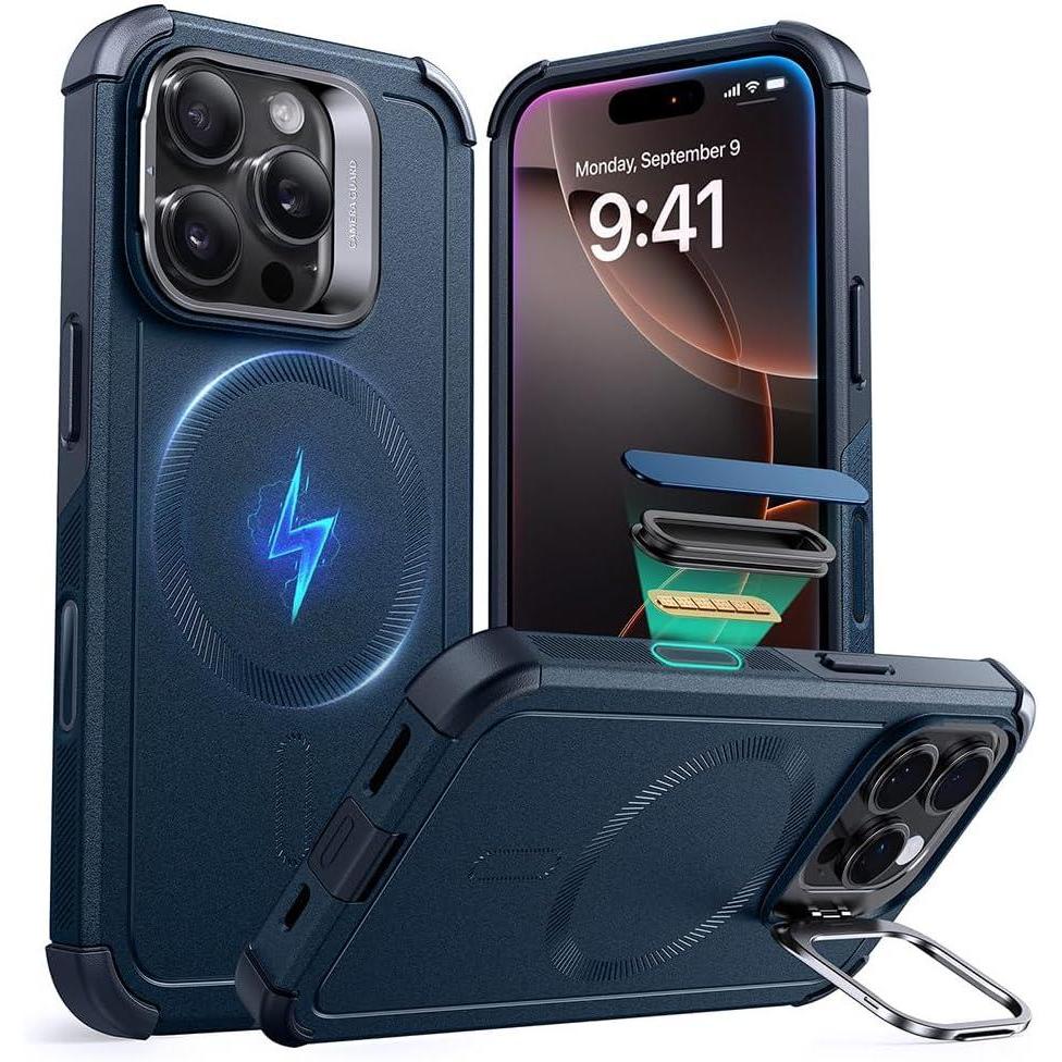 imageESR for iPhone 17 Pro Max Case with Stash Stand 7X MilitaryGrade Drop Protection with Camera Control ShockAbsorbing Phone Rugged Cover Compatible with MagSafe Accessories Cyber Series BlackACamera ControlNavy Blue