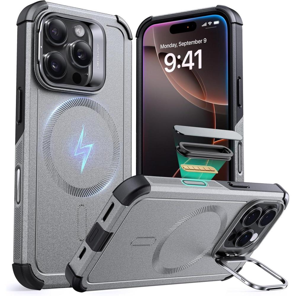 imageESR for iPhone 17 Pro Max Case with Stash Stand 7X MilitaryGrade Drop Protection with Camera Control ShockAbsorbing Phone Rugged Cover Compatible with MagSafe Accessories Cyber Series BlackACamera ControlTitanium