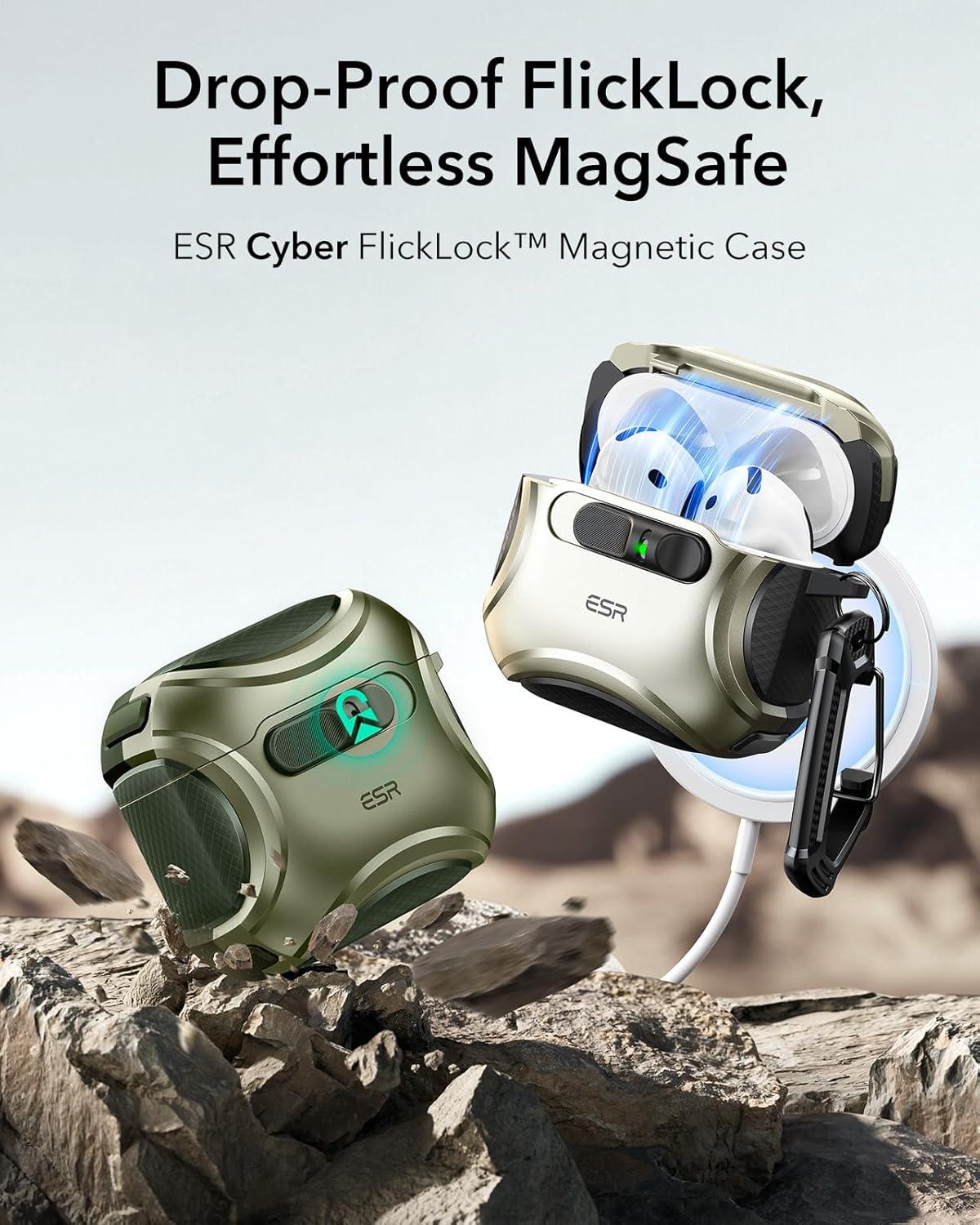 imageESR for AirPods 4 Case Compatible with AirPods 4 Generation Case 2024 USBC Compatible with MagSafe DropProof Lock Easy Open Cyber Series Army GreenArmy Green