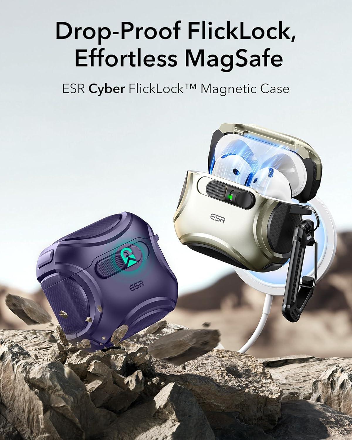imageESR for AirPods 4 Case Compatible with AirPods 4 Generation Case 2024 USBC Compatible with MagSafe DropProof Lock Easy Open Cyber Series Army GreenPurple