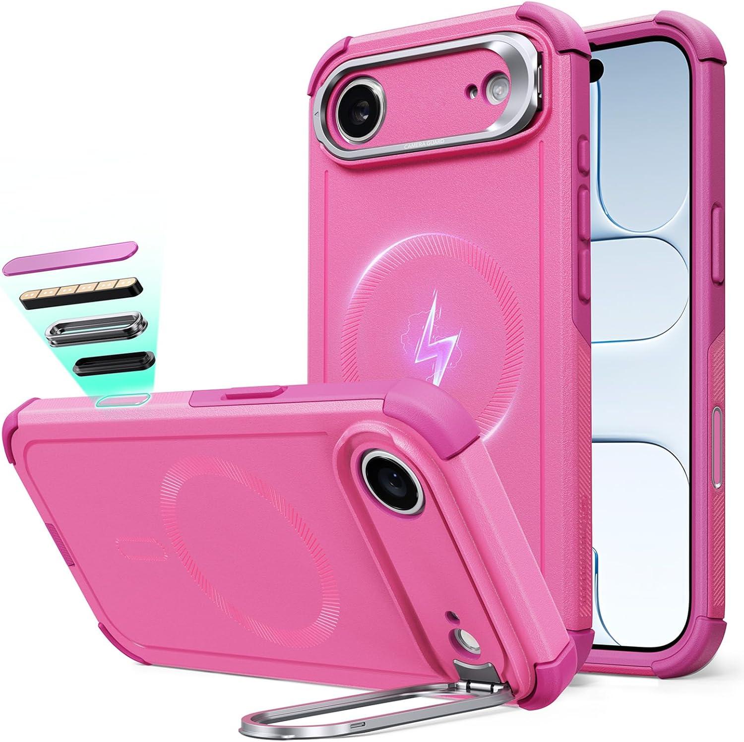 imageESR for iPhone 13 Pro Case with Stand 23 ft MilitaryGrade Drop Protection Heavy Duty Magnetic Phone Case Compatible with MagSafe Accessories Cyber Series BlackACamera ControlPink