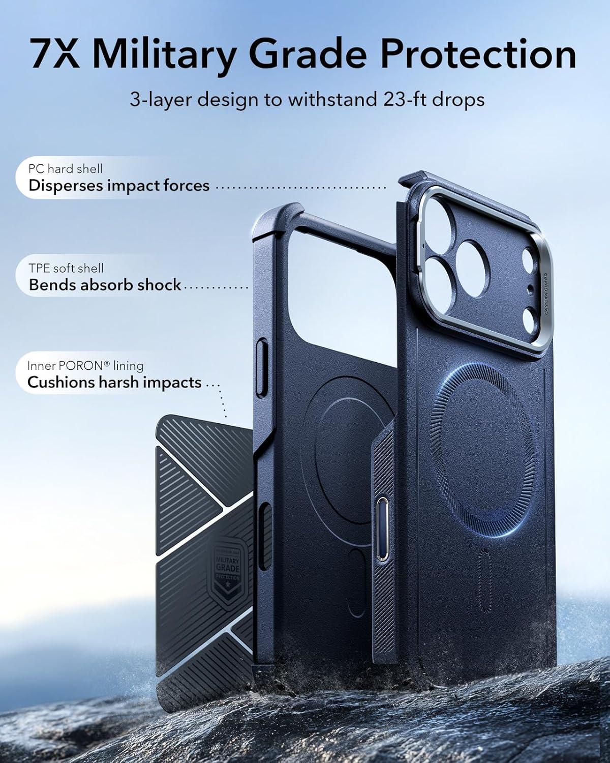 imageESR for iPhone 13 Pro Case with Stand 23 ft MilitaryGrade Drop Protection Heavy Duty Magnetic Phone Case Compatible with MagSafe Accessories Cyber Series BlackACamera ControlNavy Blue