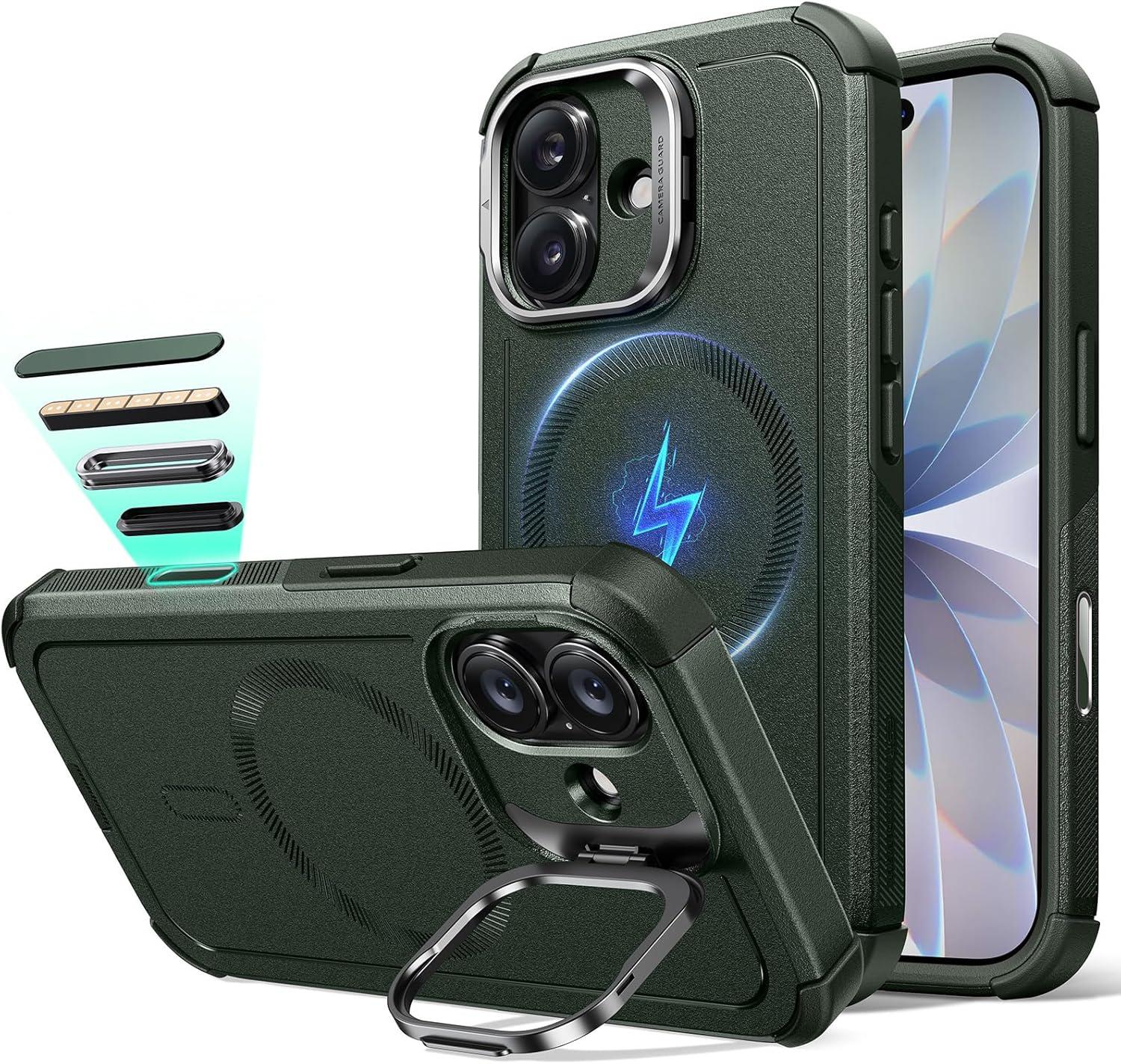 imageESR for iPhone 13 Pro Case with Stand 23 ft MilitaryGrade Drop Protection Heavy Duty Magnetic Phone Case Compatible with MagSafe Accessories Cyber Series BlackACamera ControlGreen