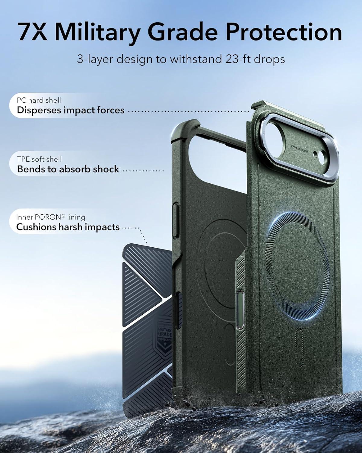 imageESR for iPhone 13 Pro Case with Stand 23 ft MilitaryGrade Drop Protection Heavy Duty Magnetic Phone Case Compatible with MagSafe Accessories Cyber Series BlackACamera ControlGreen