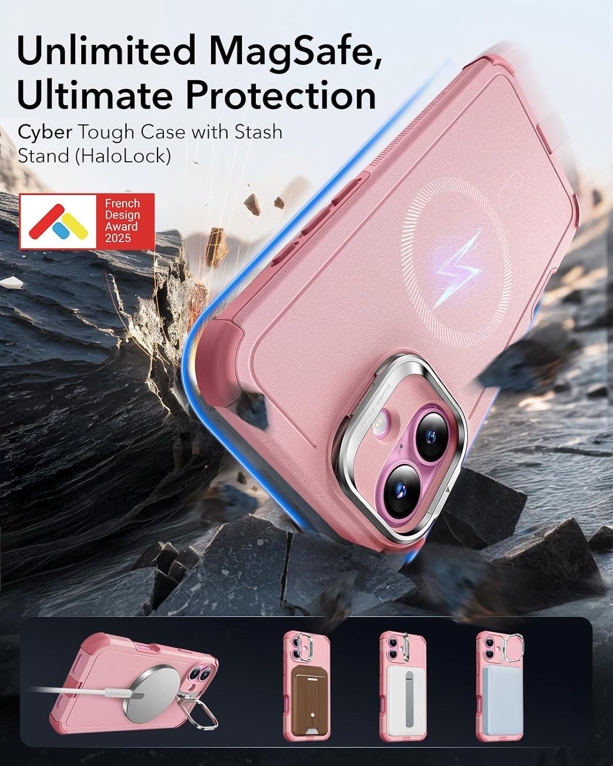imageESR for iPhone 13 Pro Case with Stand 23 ft MilitaryGrade Drop Protection Heavy Duty Magnetic Phone Case Compatible with MagSafe Accessories Cyber Series BlackMagnetic StandPink