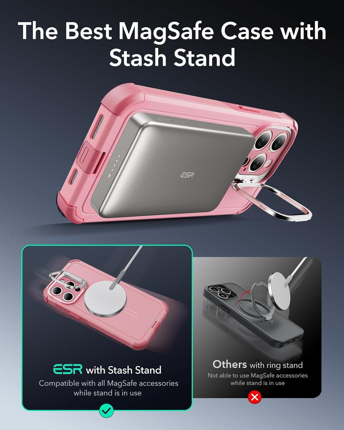 imageESR for iPhone 13 Pro Case with Stand 23 ft MilitaryGrade Drop Protection Heavy Duty Magnetic Phone Case Compatible with MagSafe Accessories Cyber Series BlackMagnetic StandPink