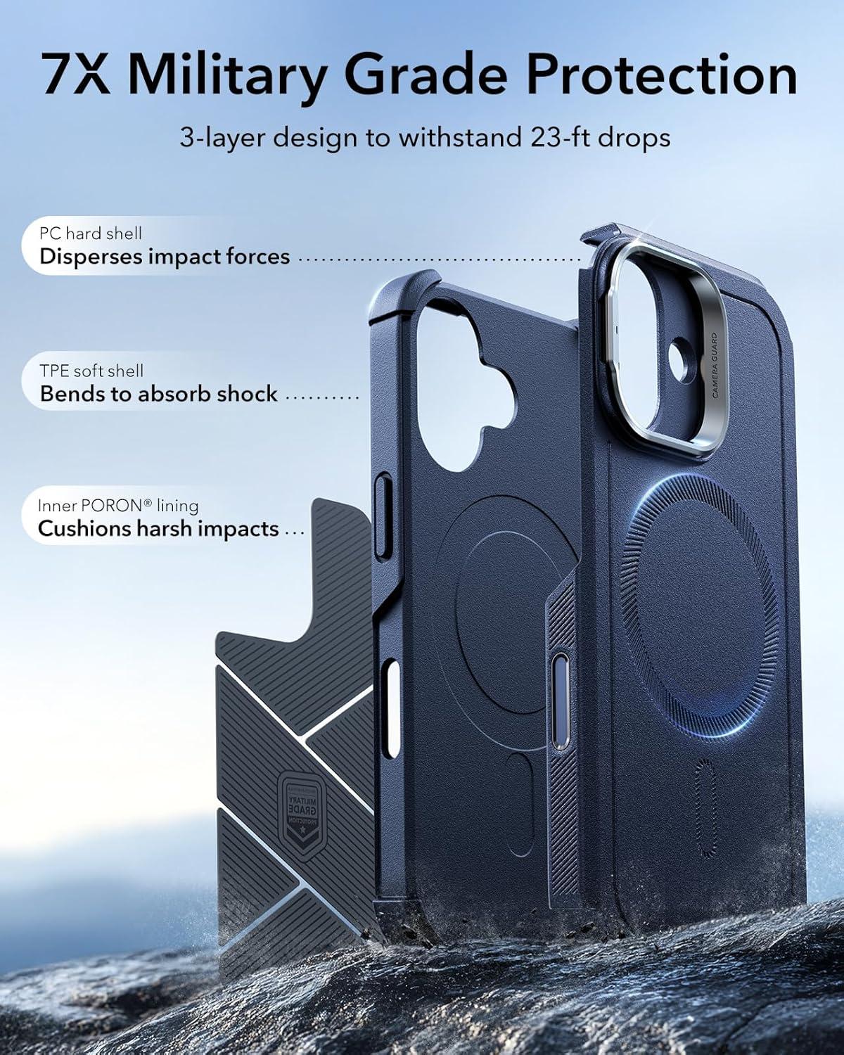 imageESR for iPhone 13 Pro Case with Stand 23 ft MilitaryGrade Drop Protection Heavy Duty Magnetic Phone Case Compatible with MagSafe Accessories Cyber Series BlackACamera ControlNavy Blue