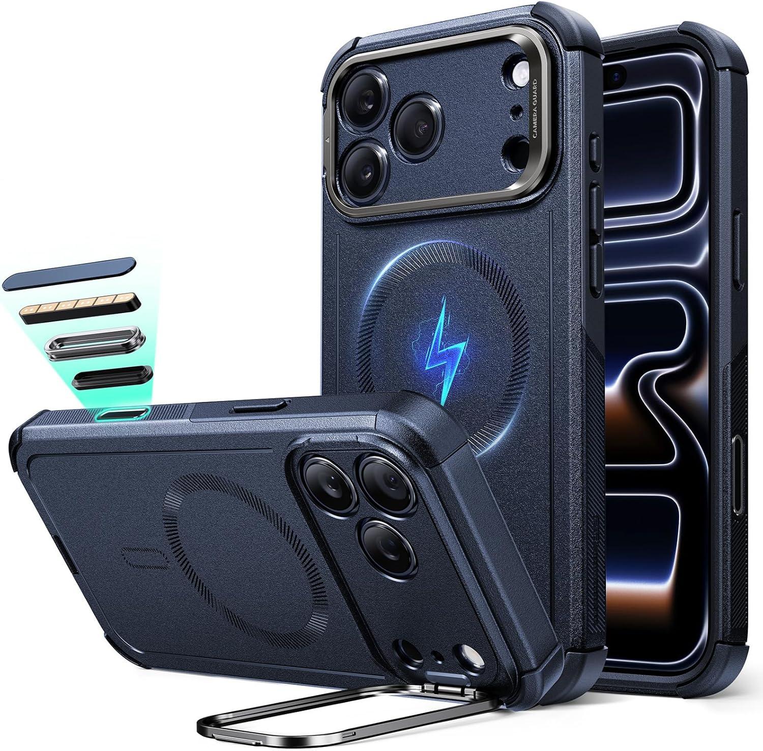 imageESR for iPhone 13 Pro Case with Stand 23 ft MilitaryGrade Drop Protection Heavy Duty Magnetic Phone Case Compatible with MagSafe Accessories Cyber Series BlackACamera ControlNavy Blue