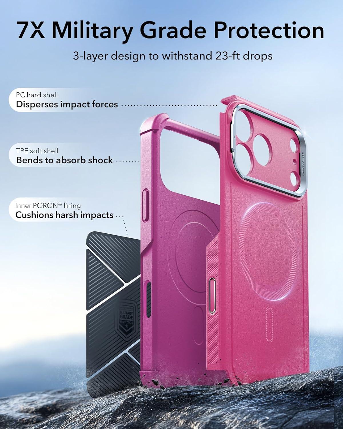 imageESR for iPhone 13 Pro Case with Stand 23 ft MilitaryGrade Drop Protection Heavy Duty Magnetic Phone Case Compatible with MagSafe Accessories Cyber Series BlackACamera ControlPink