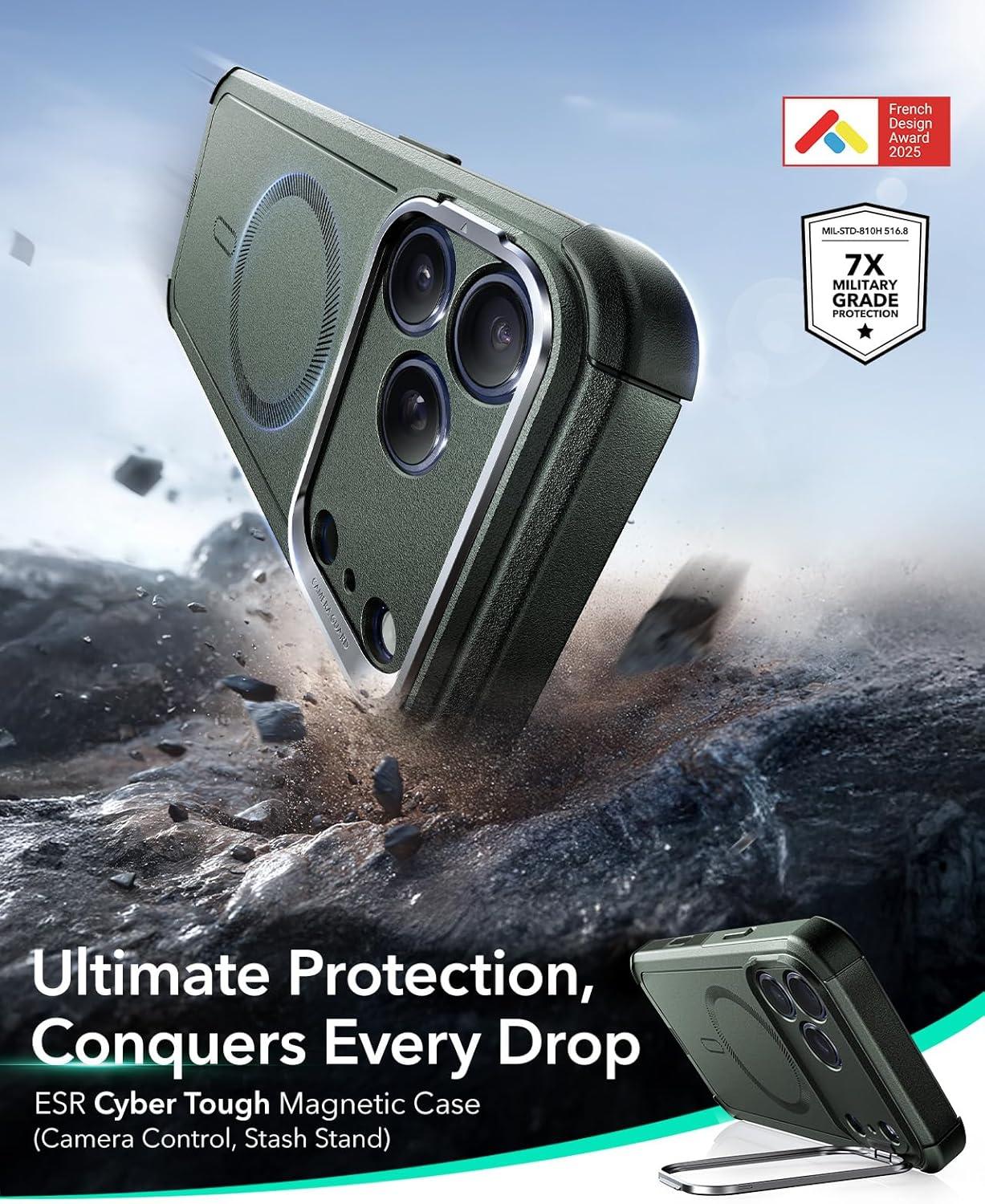 imageESR for iPhone 13 Pro Case with Stand 23 ft MilitaryGrade Drop Protection Heavy Duty Magnetic Phone Case Compatible with MagSafe Accessories Cyber Series BlackACamera ControlGreen