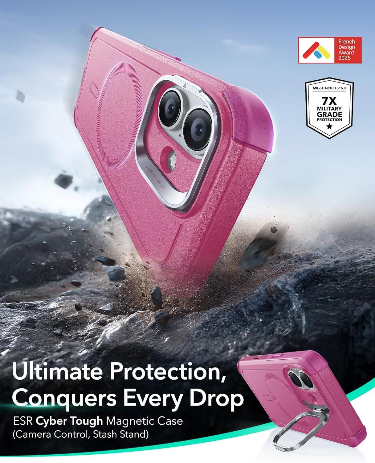 imageESR for iPhone 13 Pro Case with Stand 23 ft MilitaryGrade Drop Protection Heavy Duty Magnetic Phone Case Compatible with MagSafe Accessories Cyber Series BlackACamera ControlPink