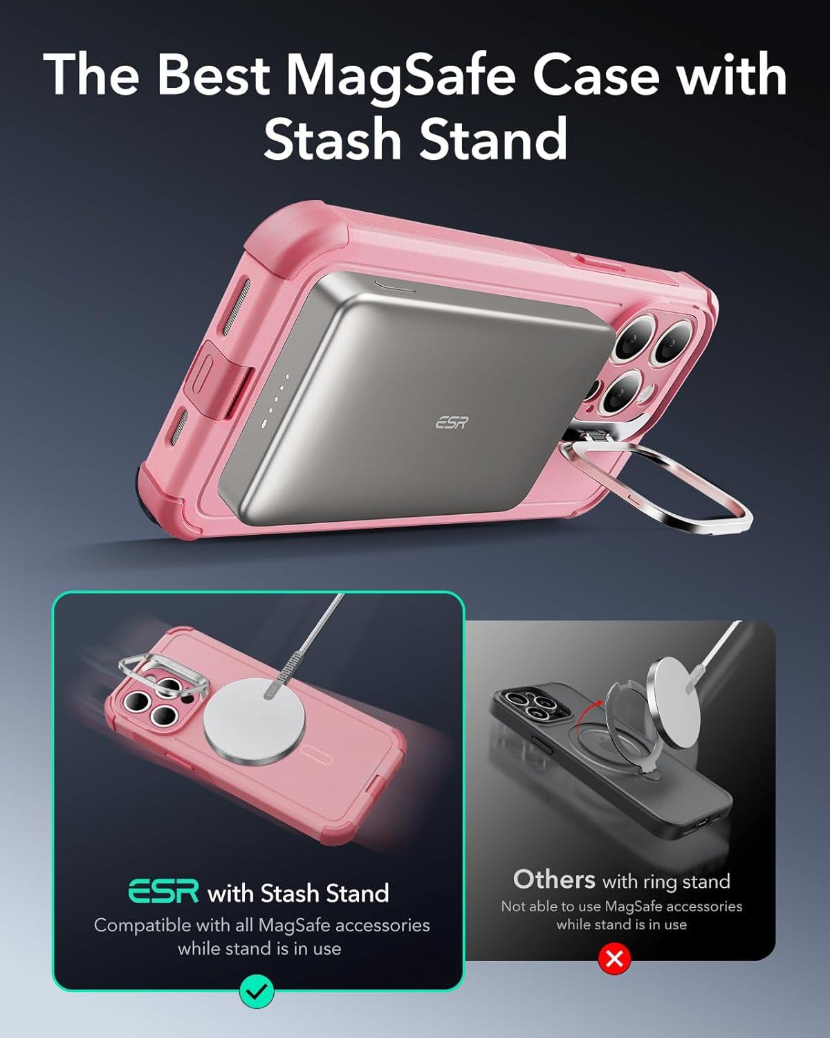 imageESR for iPhone 13 Pro Case with Stand 23 ft MilitaryGrade Drop Protection Heavy Duty Magnetic Phone Case Compatible with MagSafe Accessories Cyber Series BlackMagnetic StandPink