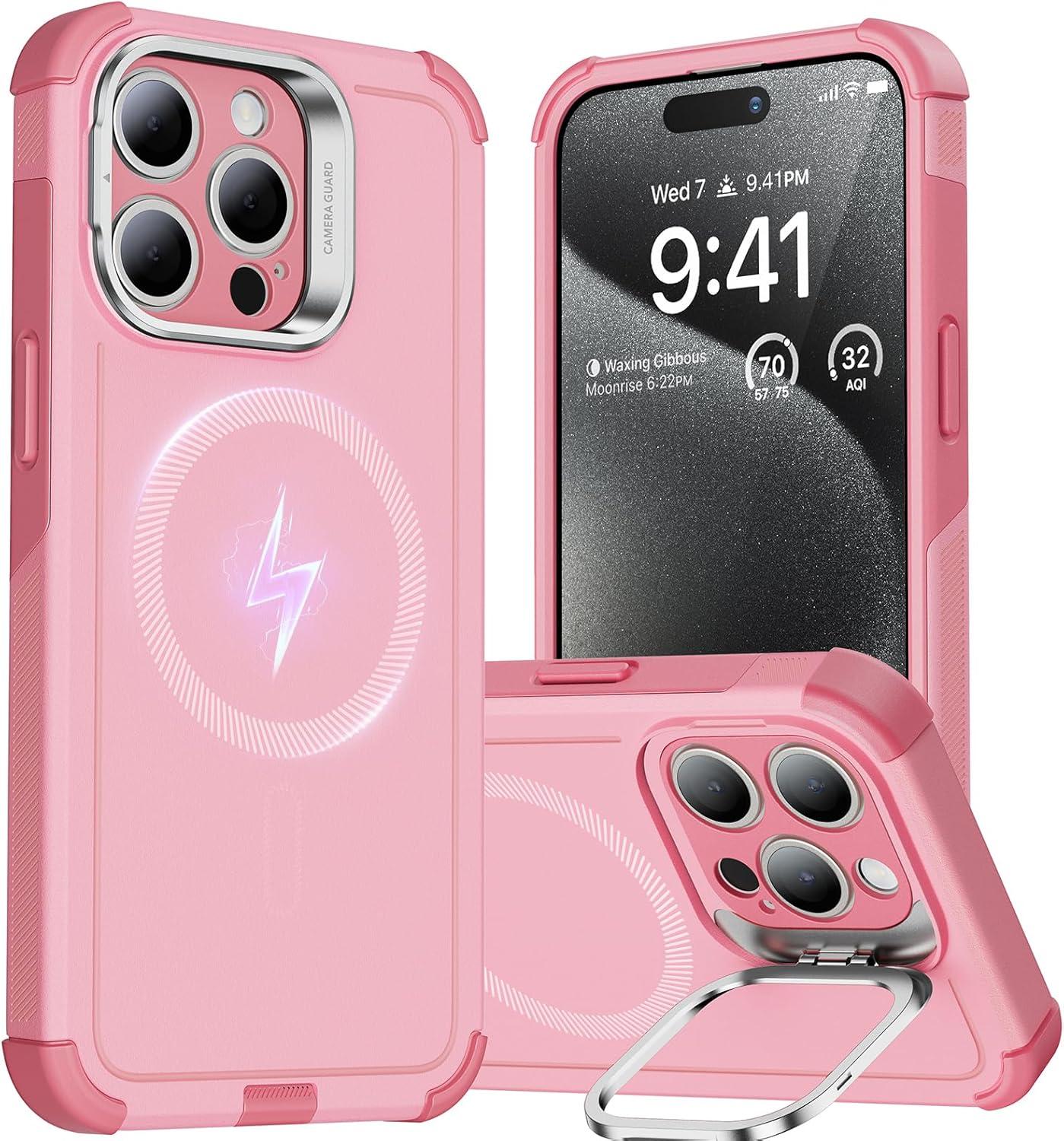 imageESR for iPhone 13 Pro Case with Stand 23 ft MilitaryGrade Drop Protection Heavy Duty Magnetic Phone Case Compatible with MagSafe Accessories Cyber Series BlackMagnetic StandPink