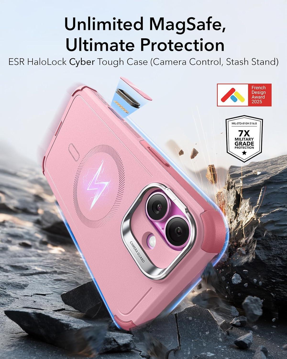 imageESR for iPhone 13 Pro Case with Stand 23 ft MilitaryGrade Drop Protection Heavy Duty Magnetic Phone Case Compatible with MagSafe Accessories Cyber Series BlackACamera ControlPink