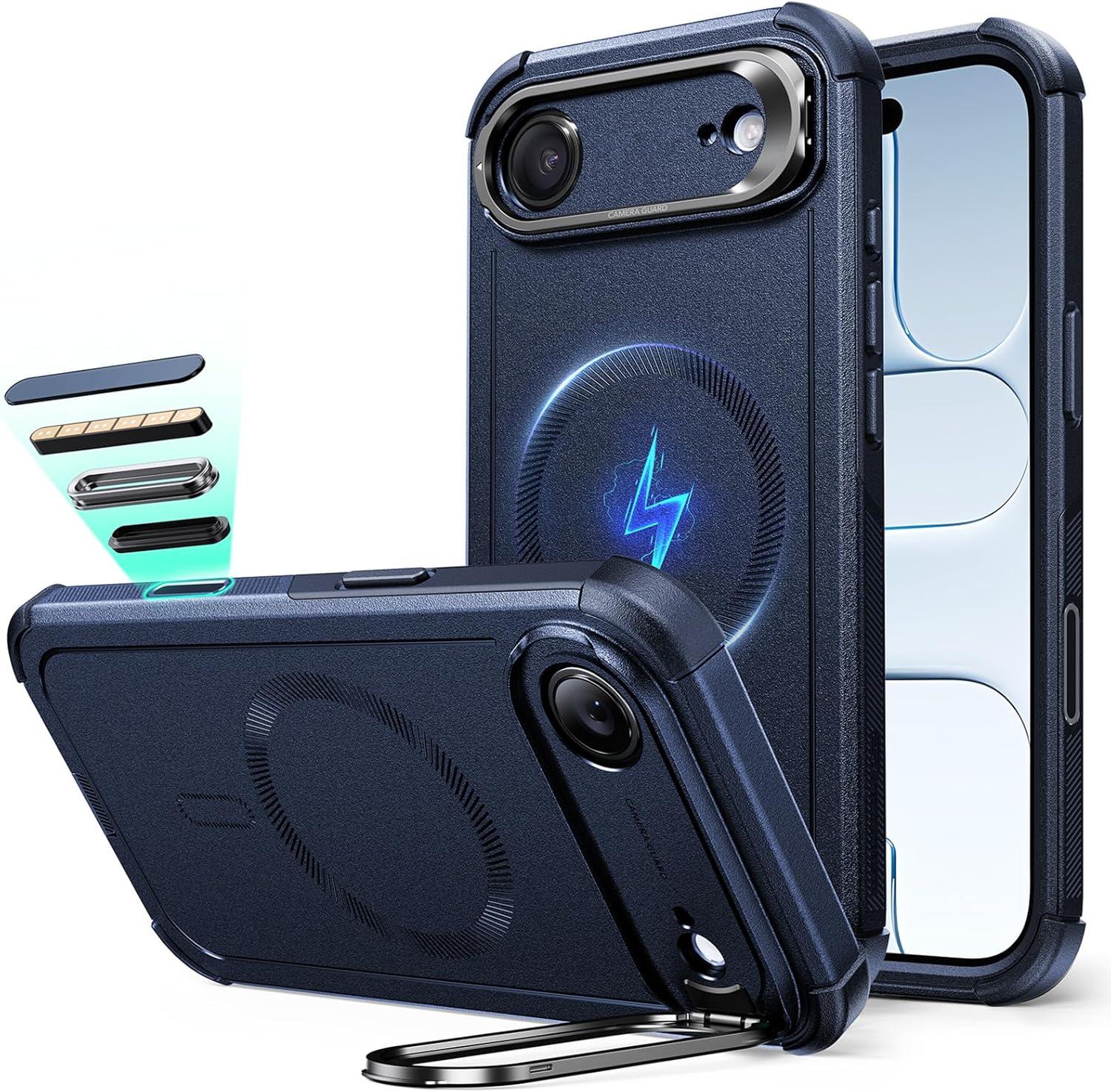 imageESR for iPhone 13 Pro Case with Stand 23 ft MilitaryGrade Drop Protection Heavy Duty Magnetic Phone Case Compatible with MagSafe Accessories Cyber Series BlackACamera ControlNavy Blue