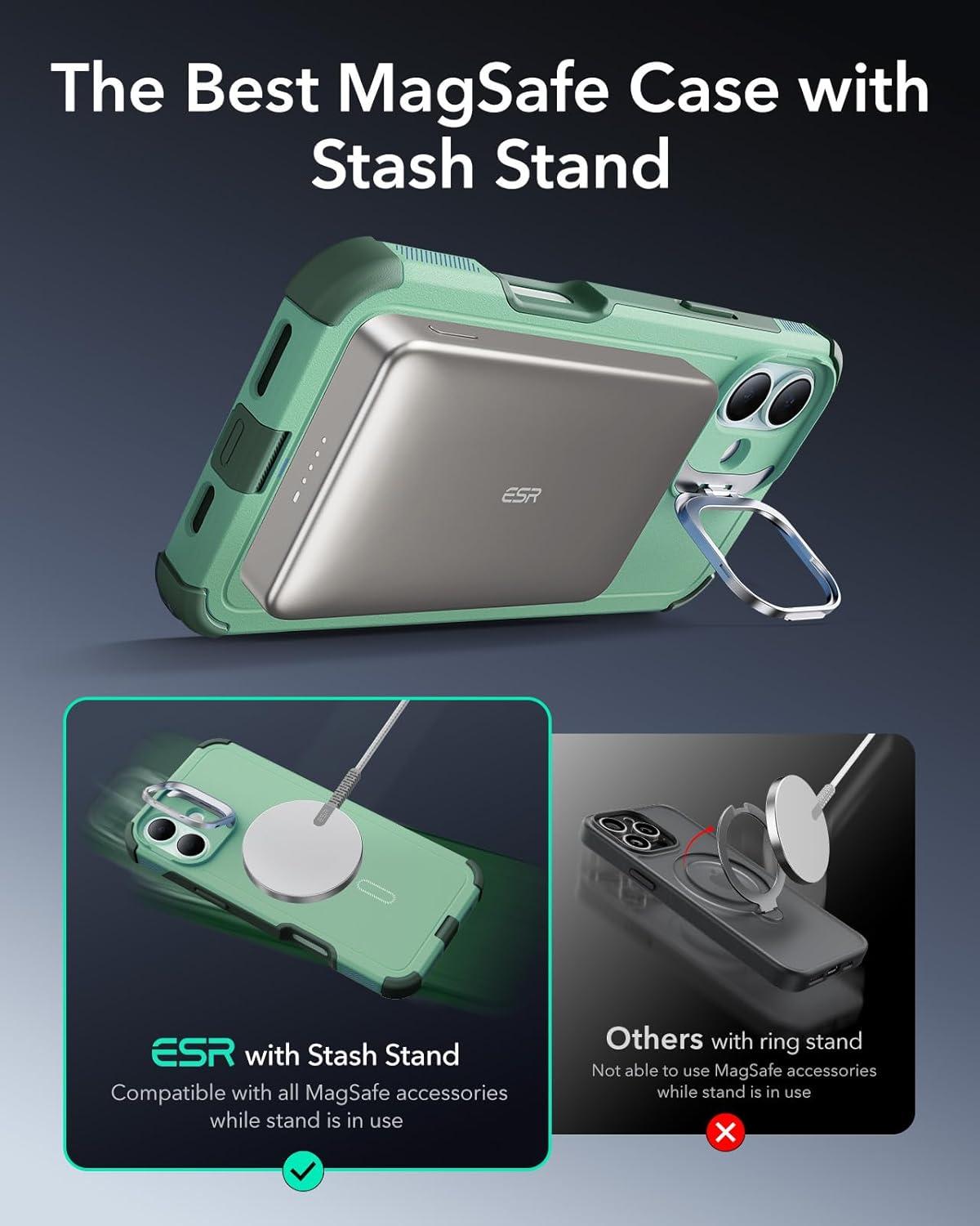 imageESR for iPhone 13 Pro Case with Stand 23 ft MilitaryGrade Drop Protection Heavy Duty Magnetic Phone Case Compatible with MagSafe Accessories Cyber Series BlackMagnetic StandLight Green