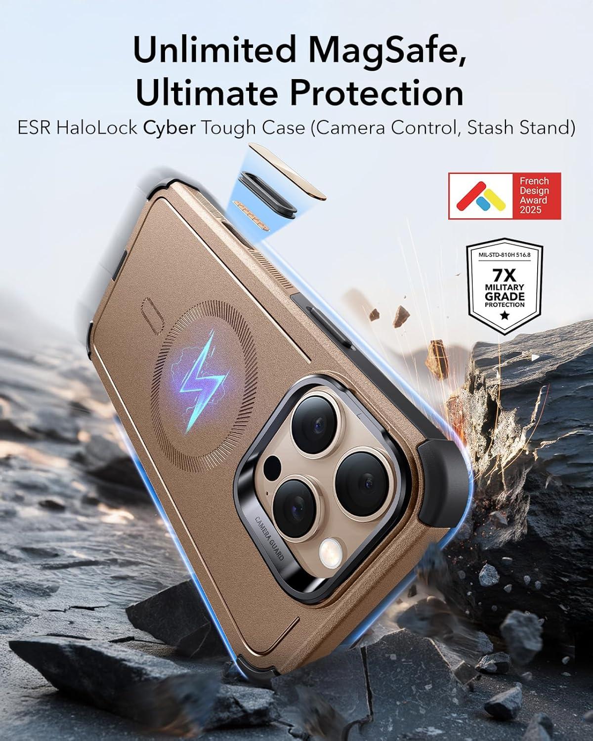 imageESR for iPhone 13 Pro Case with Stand 23 ft MilitaryGrade Drop Protection Heavy Duty Magnetic Phone Case Compatible with MagSafe Accessories Cyber Series BlackACamera ControlGold