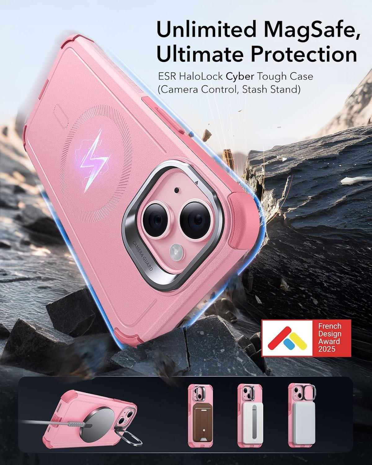 imageESR for iPhone 13 Pro Case with Stand 23 ft MilitaryGrade Drop Protection Heavy Duty Magnetic Phone Case Compatible with MagSafe Accessories Cyber Series BlackMagnetic StandPink