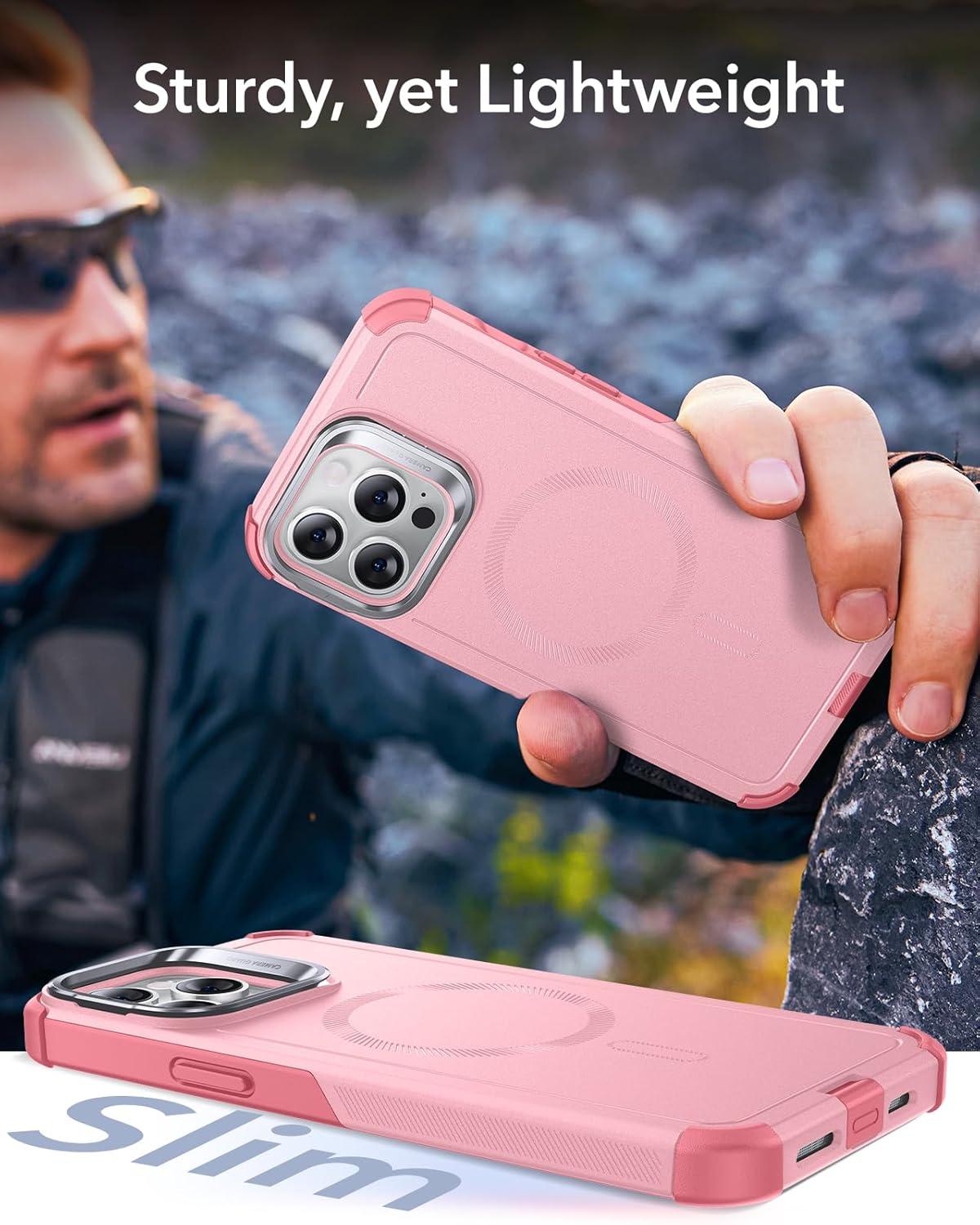 imageESR for iPhone 13 Pro Case with Stand 23 ft MilitaryGrade Drop Protection Heavy Duty Magnetic Phone Case Compatible with MagSafe Accessories Cyber Series BlackMagnetic StandPink