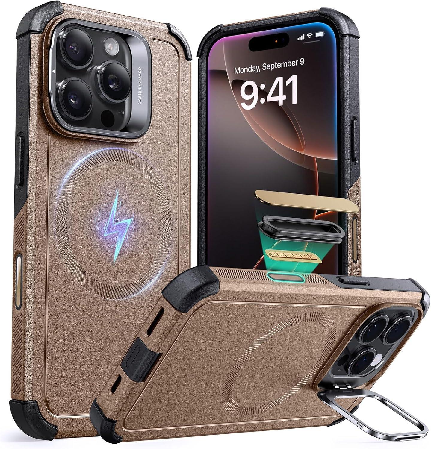imageESR for iPhone 13 Pro Case with Stand 23 ft MilitaryGrade Drop Protection Heavy Duty Magnetic Phone Case Compatible with MagSafe Accessories Cyber Series BlackACamera ControlGold