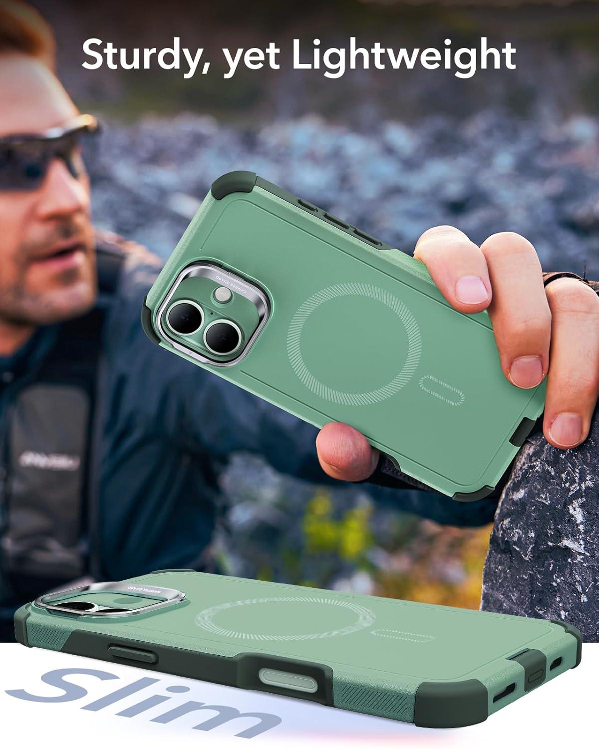 imageESR for iPhone 13 Pro Case with Stand 23 ft MilitaryGrade Drop Protection Heavy Duty Magnetic Phone Case Compatible with MagSafe Accessories Cyber Series BlackMagnetic StandLight Green