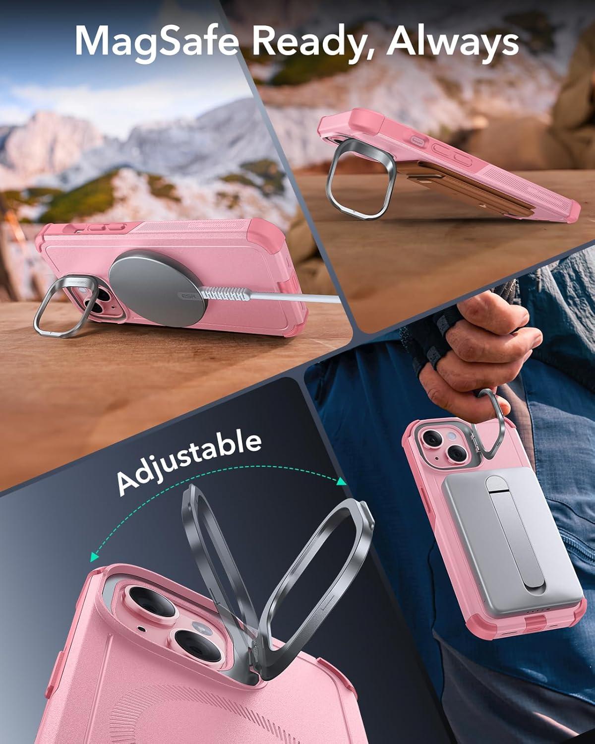 imageESR for iPhone 13 Pro Case with Stand 23 ft MilitaryGrade Drop Protection Heavy Duty Magnetic Phone Case Compatible with MagSafe Accessories Cyber Series BlackMagnetic StandPink