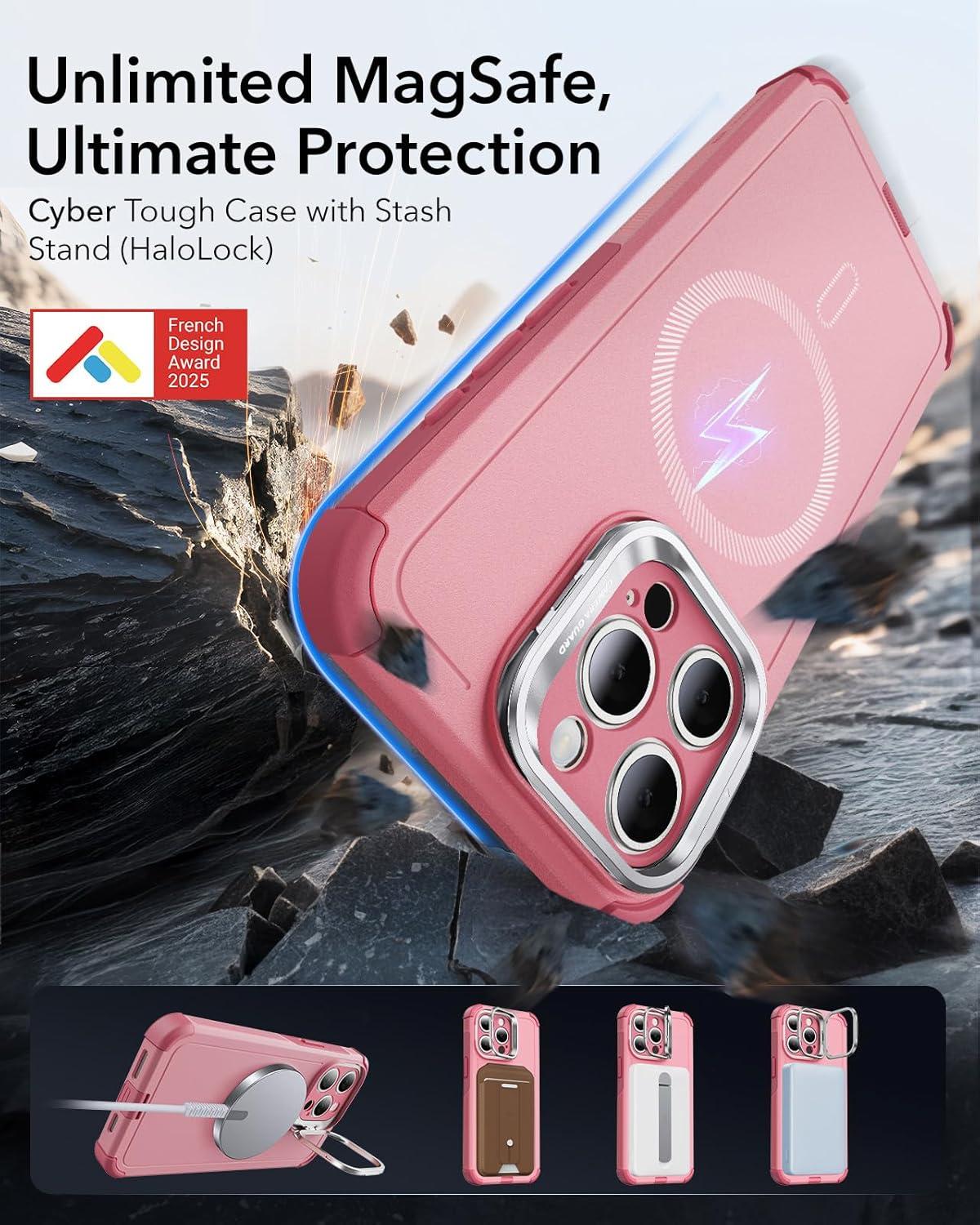imageESR for iPhone 13 Pro Case with Stand 23 ft MilitaryGrade Drop Protection Heavy Duty Magnetic Phone Case Compatible with MagSafe Accessories Cyber Series BlackMagnetic StandPink