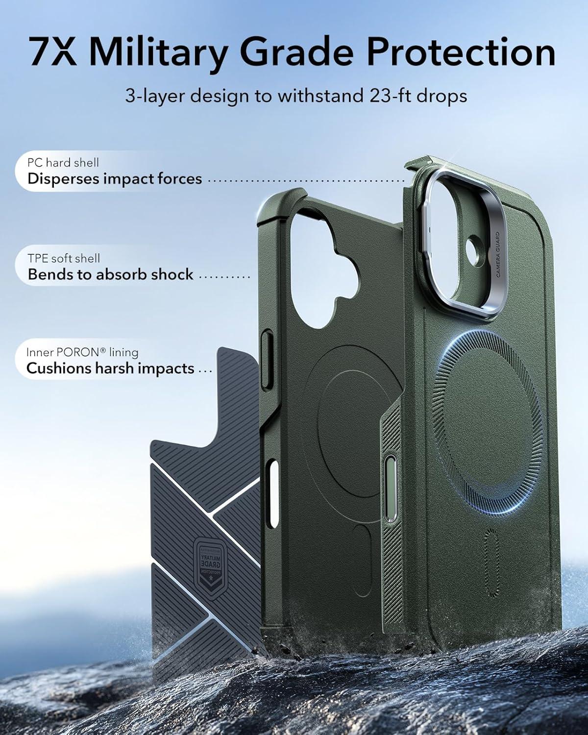 imageESR for iPhone 13 Pro Case with Stand 23 ft MilitaryGrade Drop Protection Heavy Duty Magnetic Phone Case Compatible with MagSafe Accessories Cyber Series BlackACamera ControlGreen