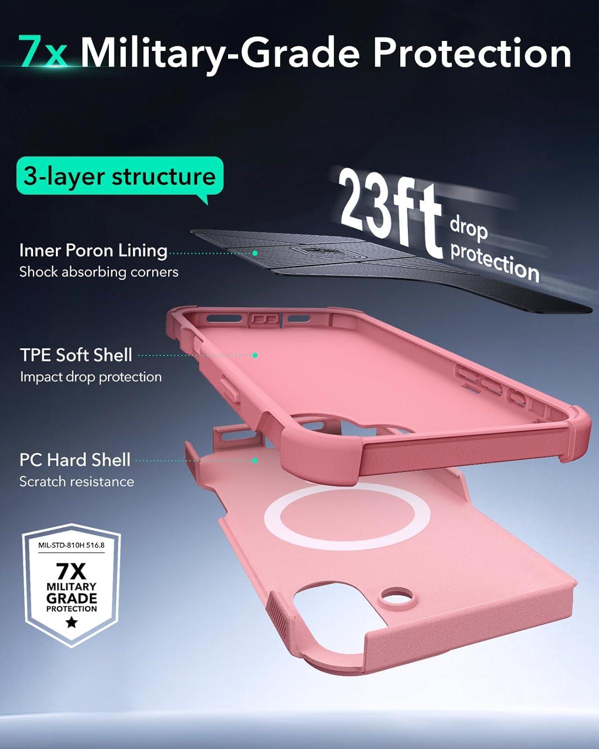 imageESR for iPhone 13 Pro Case with Stand 23 ft MilitaryGrade Drop Protection Heavy Duty Magnetic Phone Case Compatible with MagSafe Accessories Cyber Series BlackMagnetic StandPink