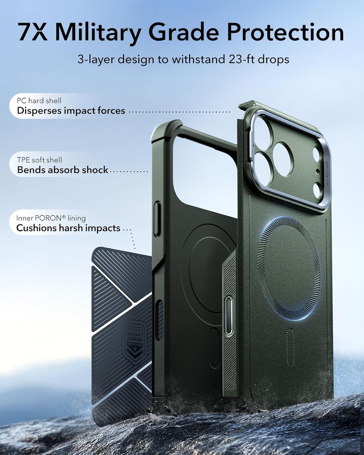 imageESR for iPhone 13 Pro Case with Stand 23 ft MilitaryGrade Drop Protection Heavy Duty Magnetic Phone Case Compatible with MagSafe Accessories Cyber Series BlackACamera ControlGreen