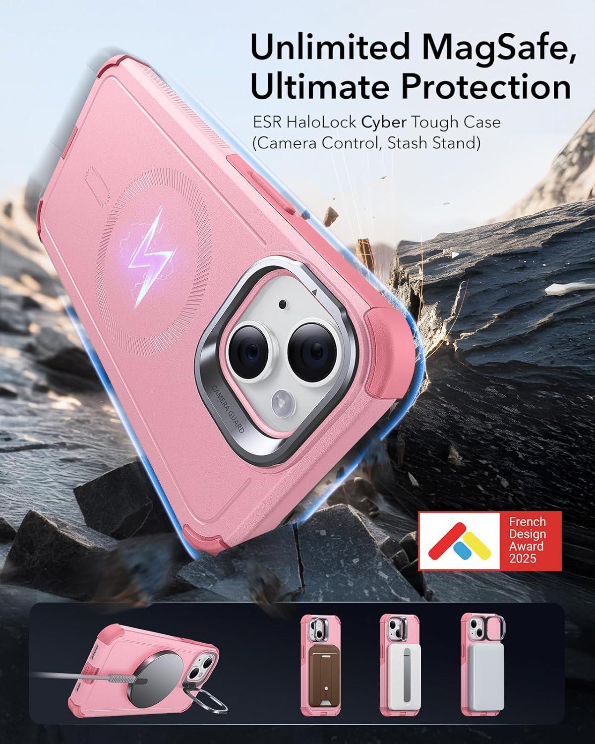 imageESR for iPhone 13 Pro Case with Stand 23 ft MilitaryGrade Drop Protection Heavy Duty Magnetic Phone Case Compatible with MagSafe Accessories Cyber Series BlackMagnetic StandPink