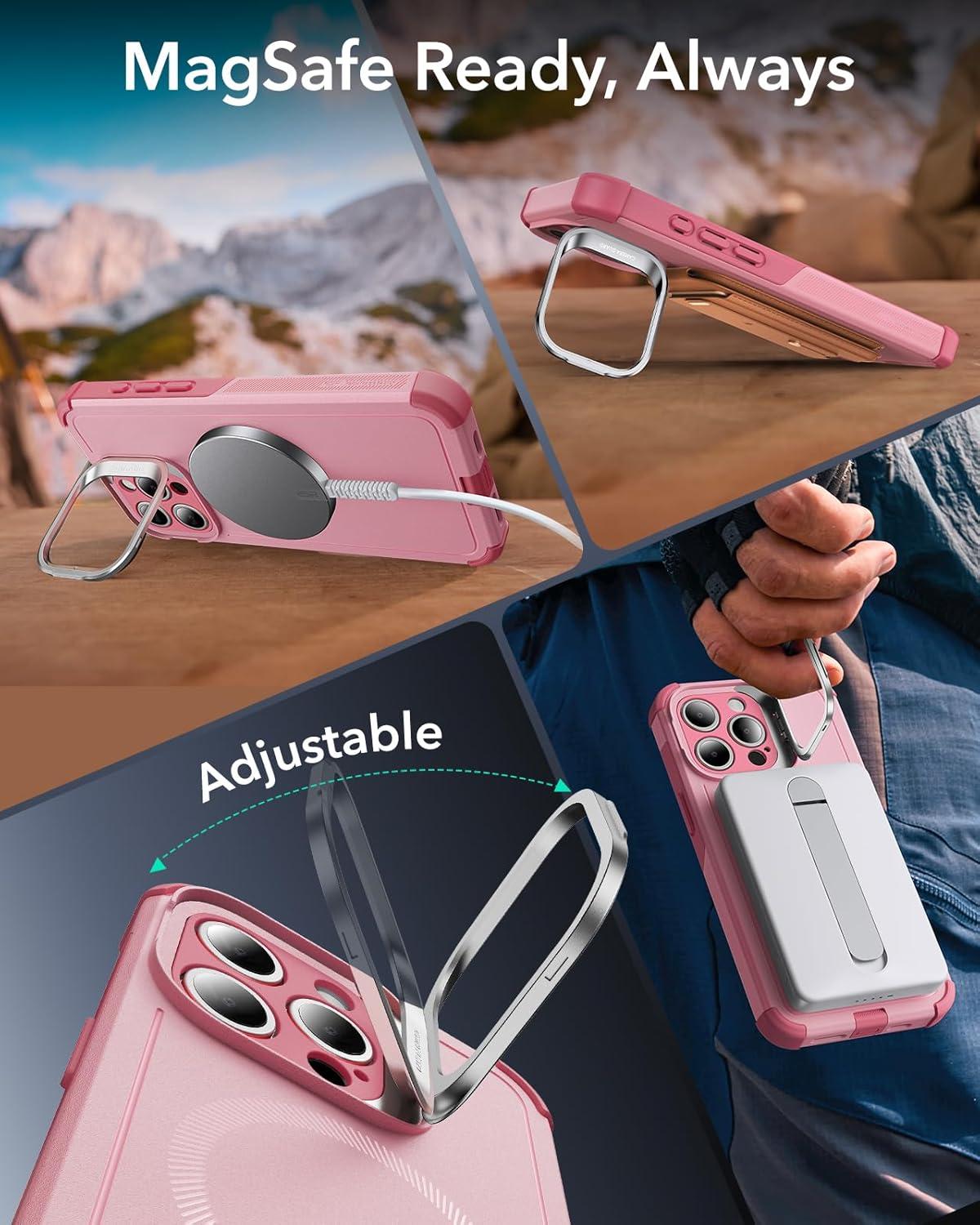 imageESR for iPhone 13 Pro Case with Stand 23 ft MilitaryGrade Drop Protection Heavy Duty Magnetic Phone Case Compatible with MagSafe Accessories Cyber Series BlackMagnetic StandPink