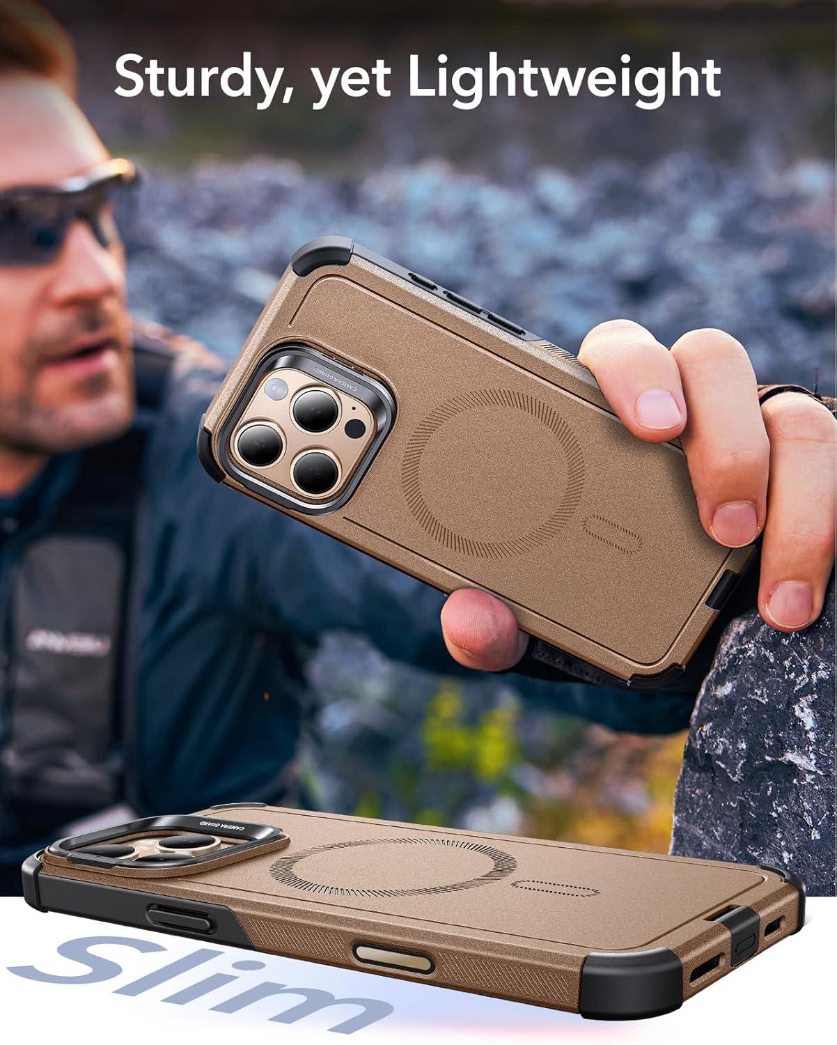 imageESR for iPhone 13 Pro Case with Stand 23 ft MilitaryGrade Drop Protection Heavy Duty Magnetic Phone Case Compatible with MagSafe Accessories Cyber Series BlackACamera ControlGold