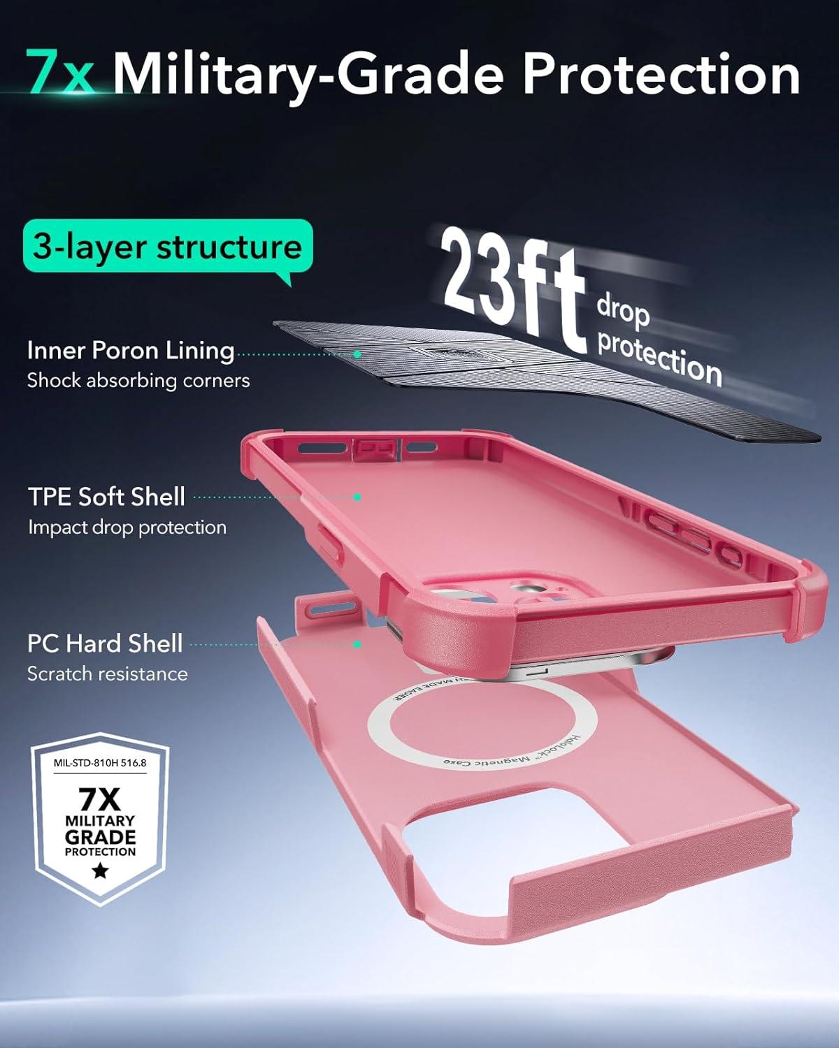 imageESR for iPhone 13 Pro Case with Stand 23 ft MilitaryGrade Drop Protection Heavy Duty Magnetic Phone Case Compatible with MagSafe Accessories Cyber Series BlackMagnetic StandPink