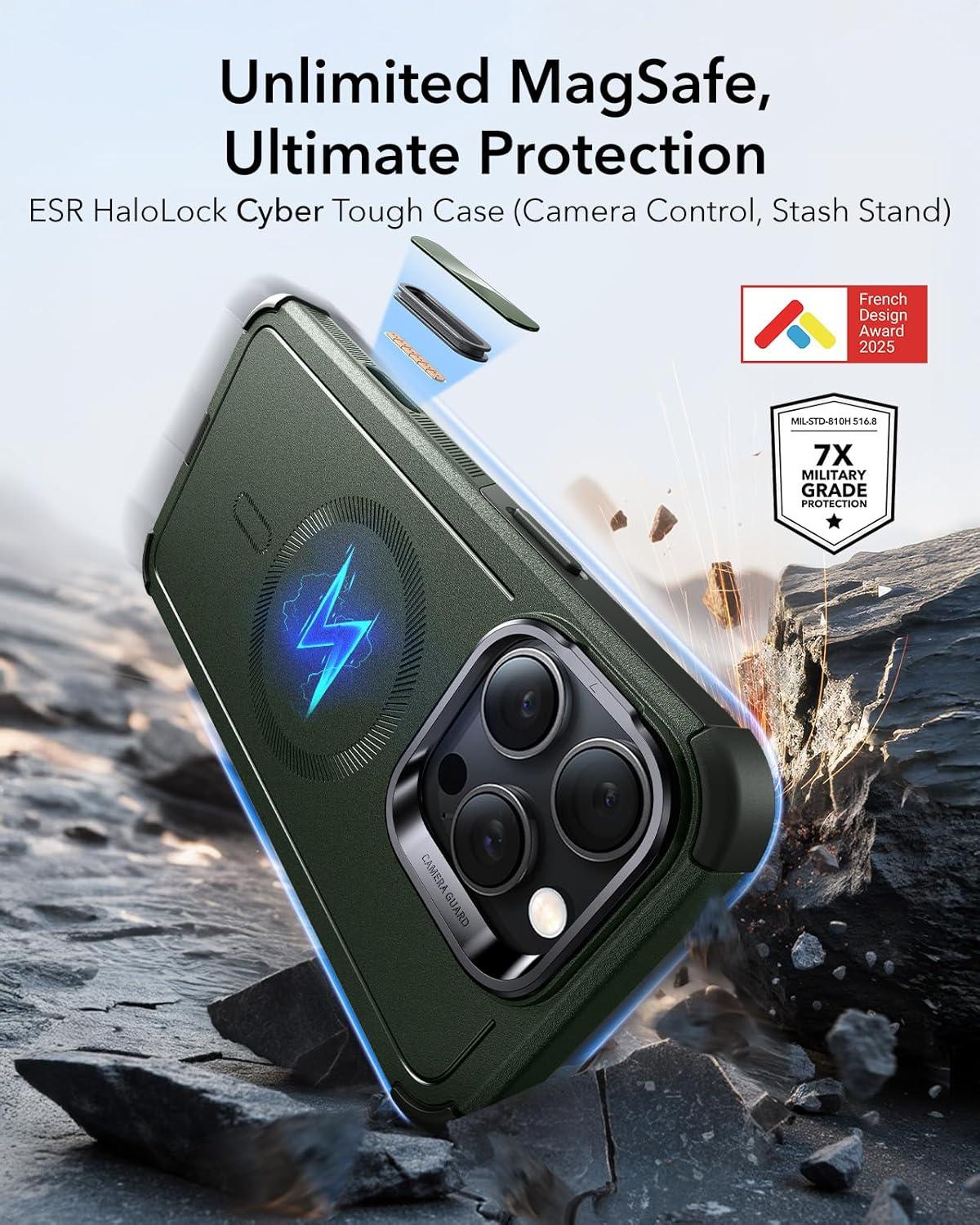 imageESR for iPhone 13 Pro Case with Stand 23 ft MilitaryGrade Drop Protection Heavy Duty Magnetic Phone Case Compatible with MagSafe Accessories Cyber Series BlackACamera ControlGreen