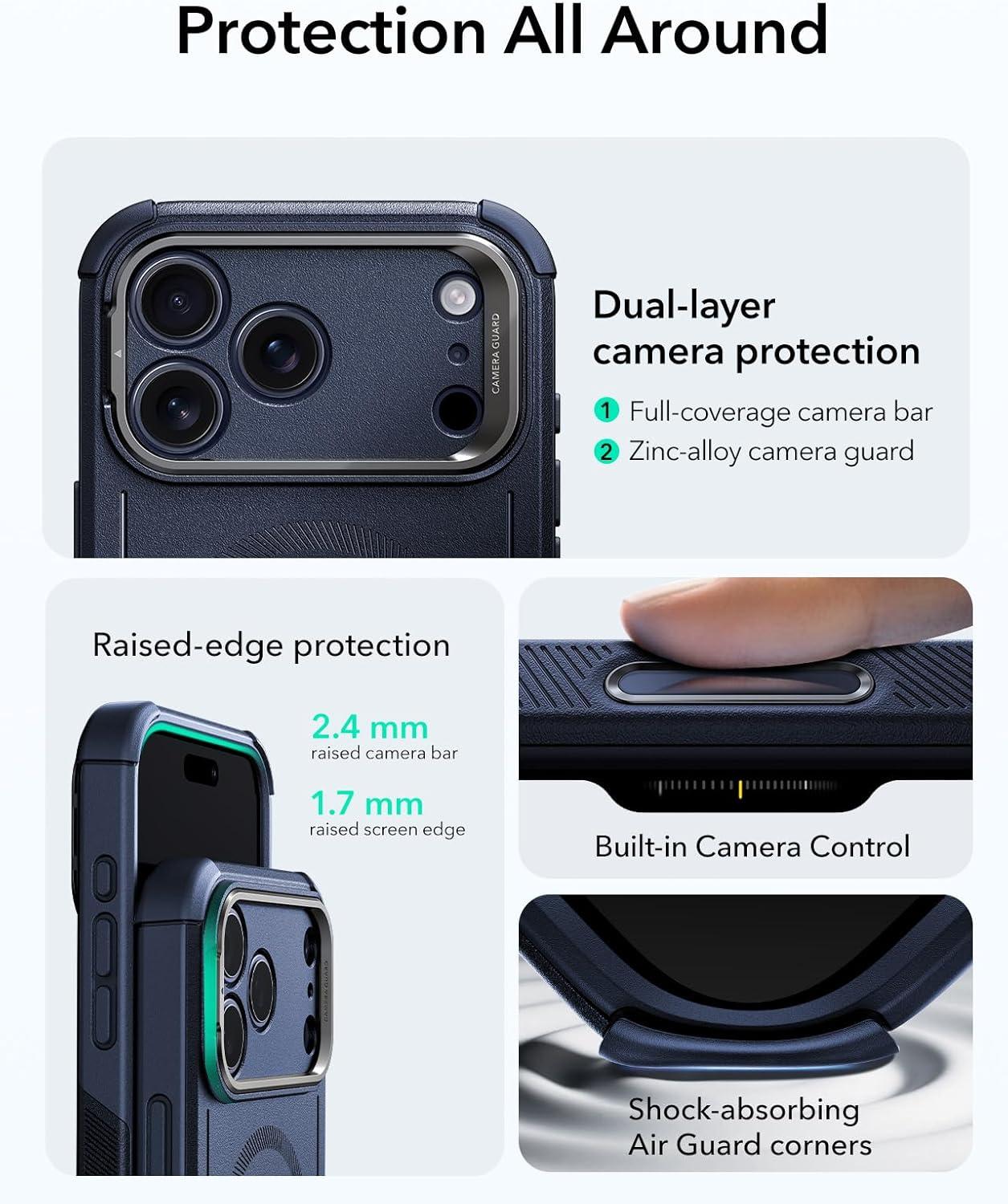 imageESR for iPhone 13 Pro Case with Stand 23 ft MilitaryGrade Drop Protection Heavy Duty Magnetic Phone Case Compatible with MagSafe Accessories Cyber Series BlackACamera ControlNavy Blue