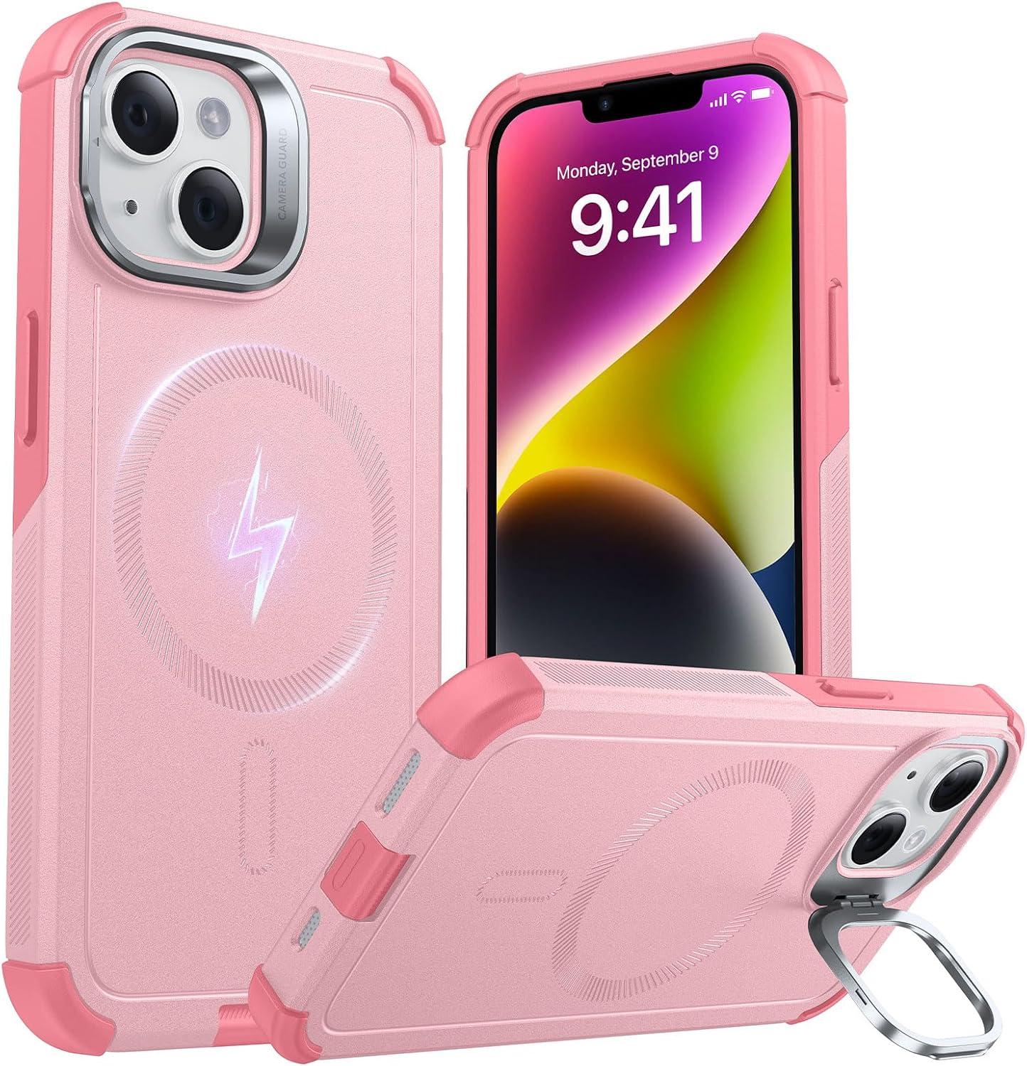 imageESR for iPhone 13 Pro Case with Stand 23 ft MilitaryGrade Drop Protection Heavy Duty Magnetic Phone Case Compatible with MagSafe Accessories Cyber Series BlackMagnetic StandPink
