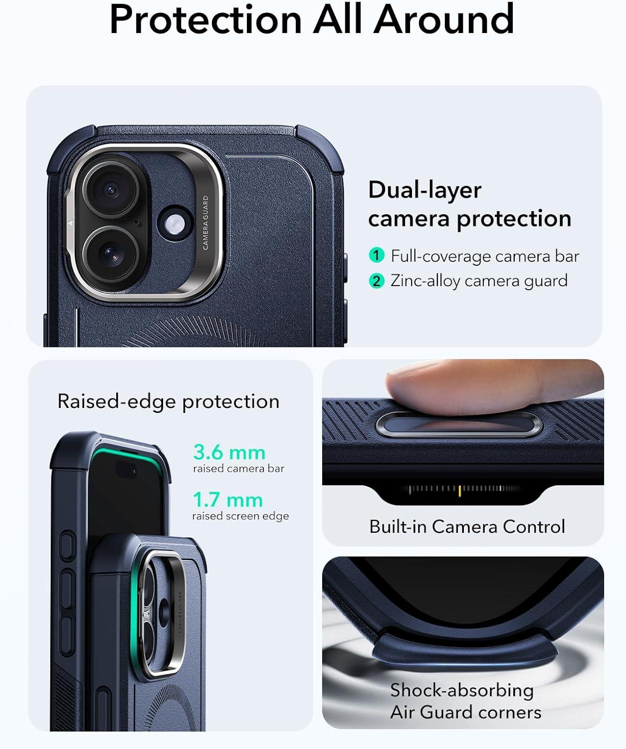 imageESR for iPhone 13 Pro Case with Stand 23 ft MilitaryGrade Drop Protection Heavy Duty Magnetic Phone Case Compatible with MagSafe Accessories Cyber Series BlackACamera ControlNavy Blue