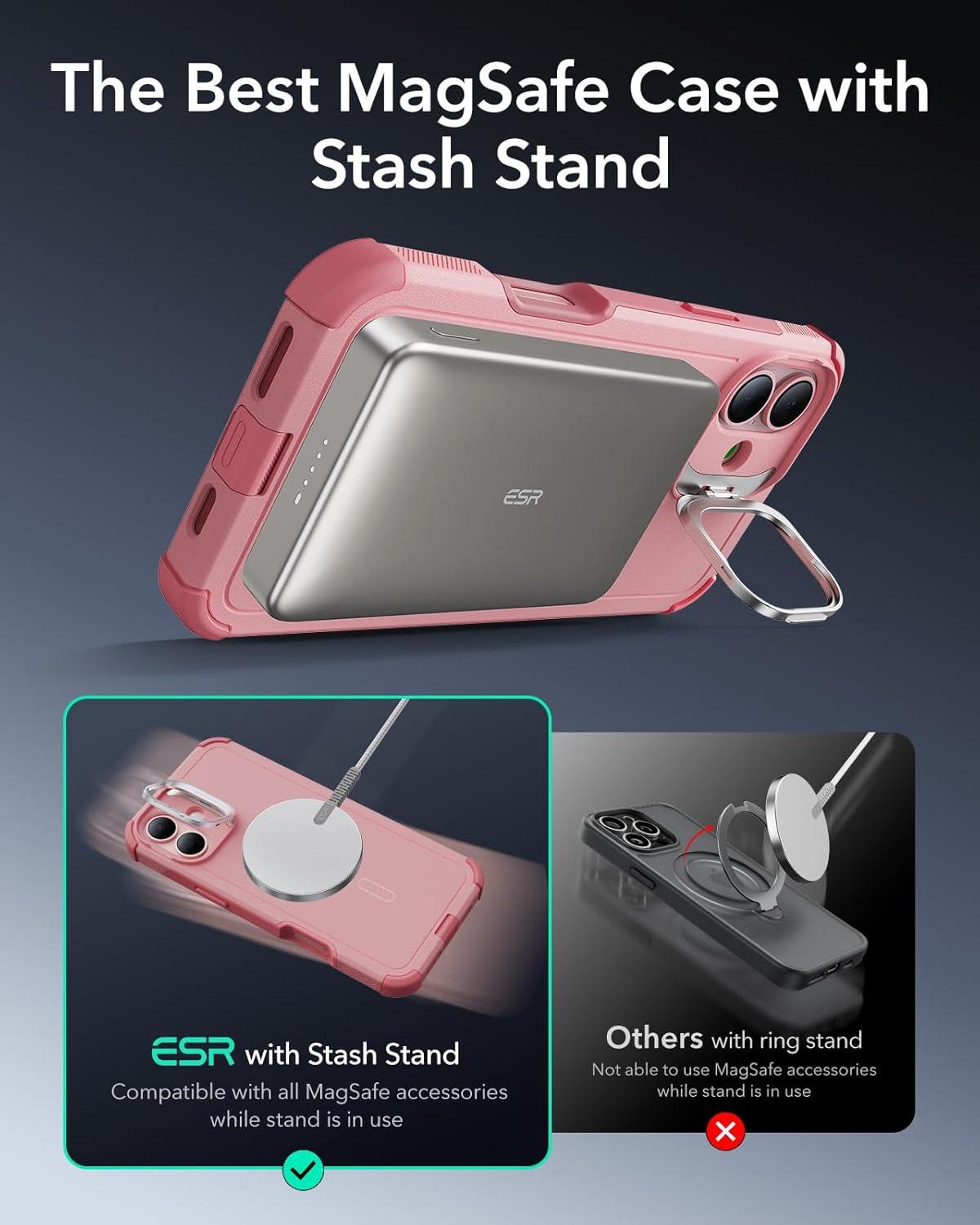 imageESR for iPhone 13 Pro Case with Stand 23 ft MilitaryGrade Drop Protection Heavy Duty Magnetic Phone Case Compatible with MagSafe Accessories Cyber Series BlackMagnetic StandPink